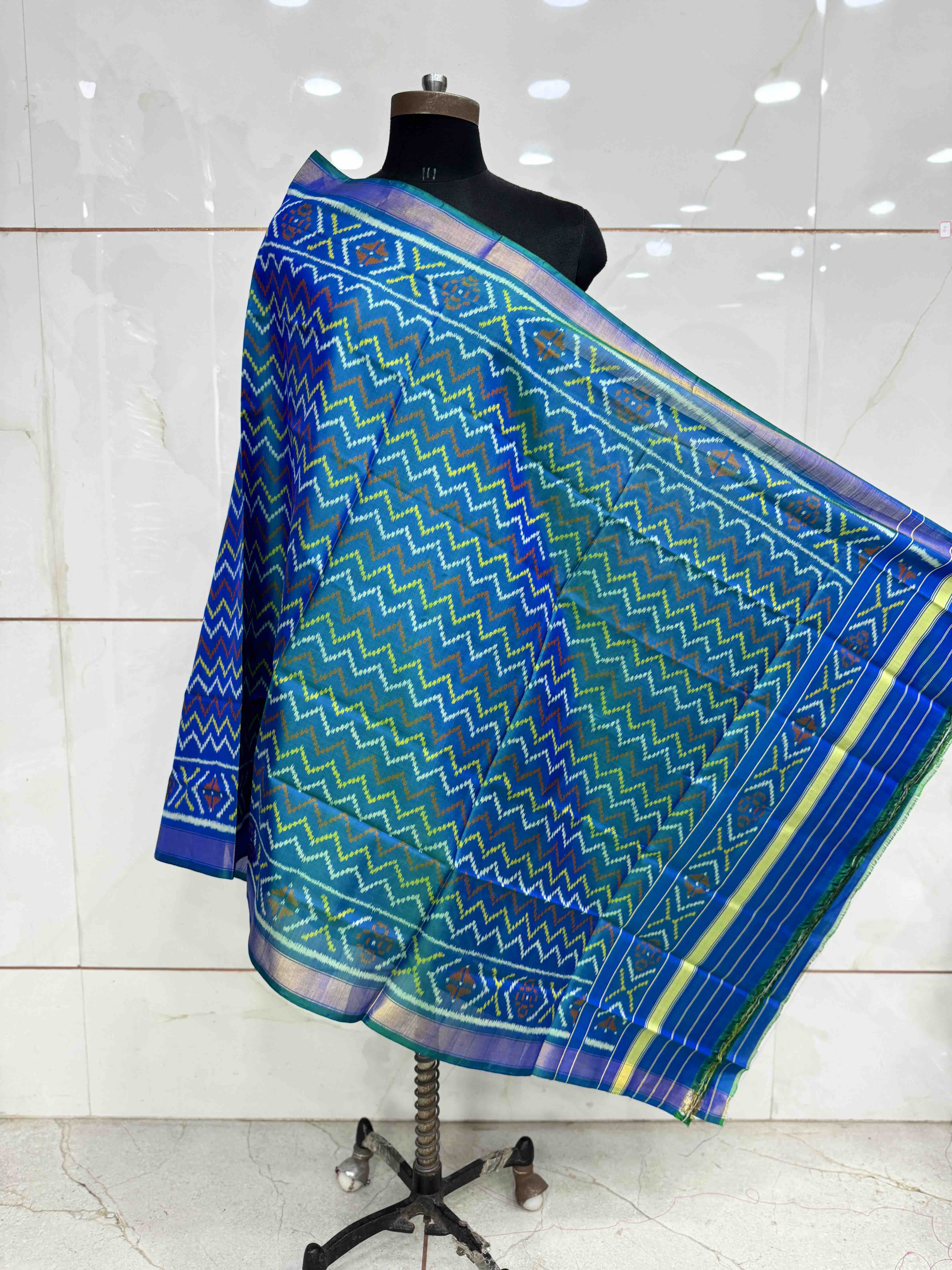 Turquoise Zig Zag Lining Single Ikat Patola Dupatta
