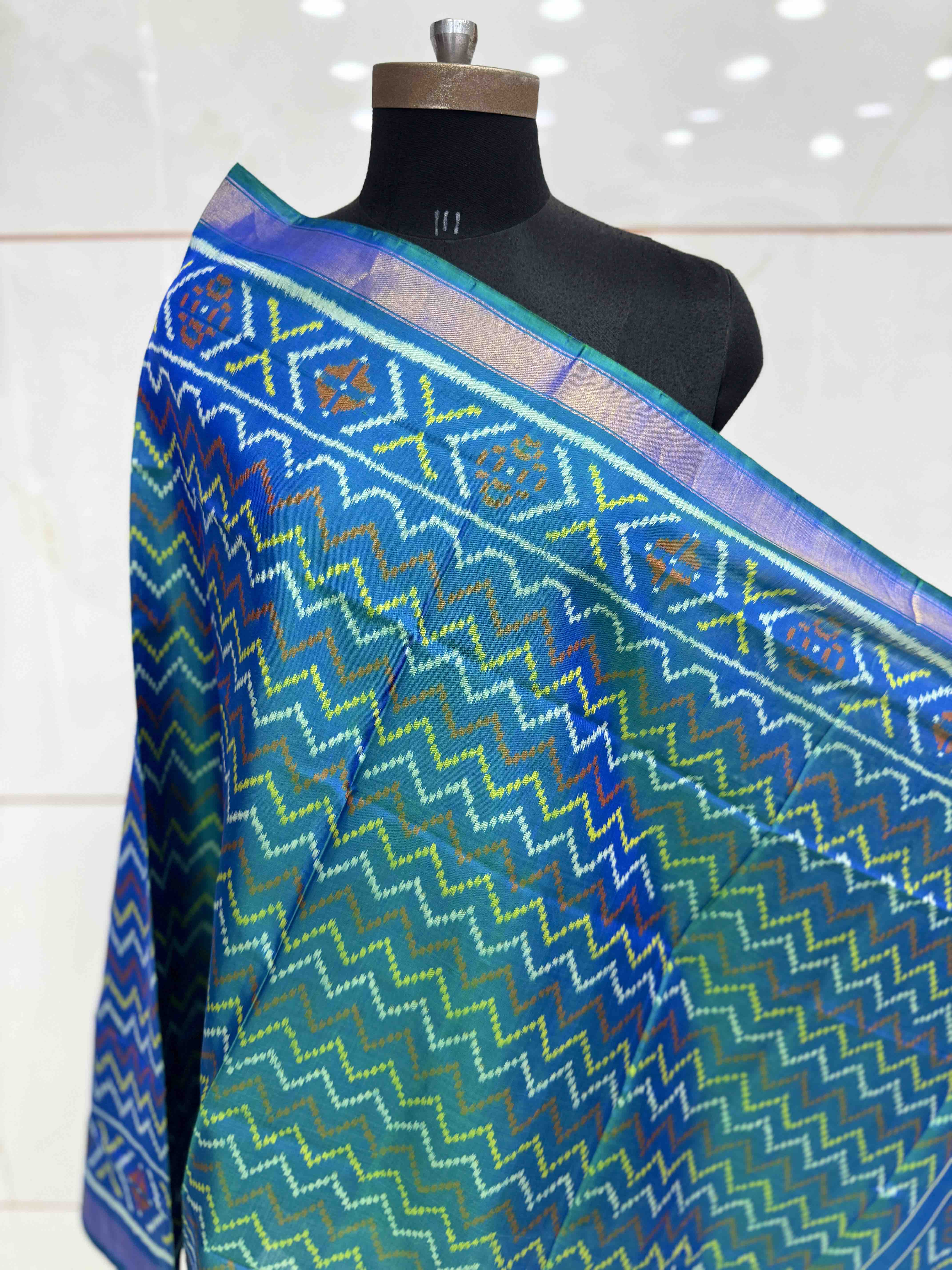 Turquoise Zig Zag Lining Single Ikat Patola Dupatta