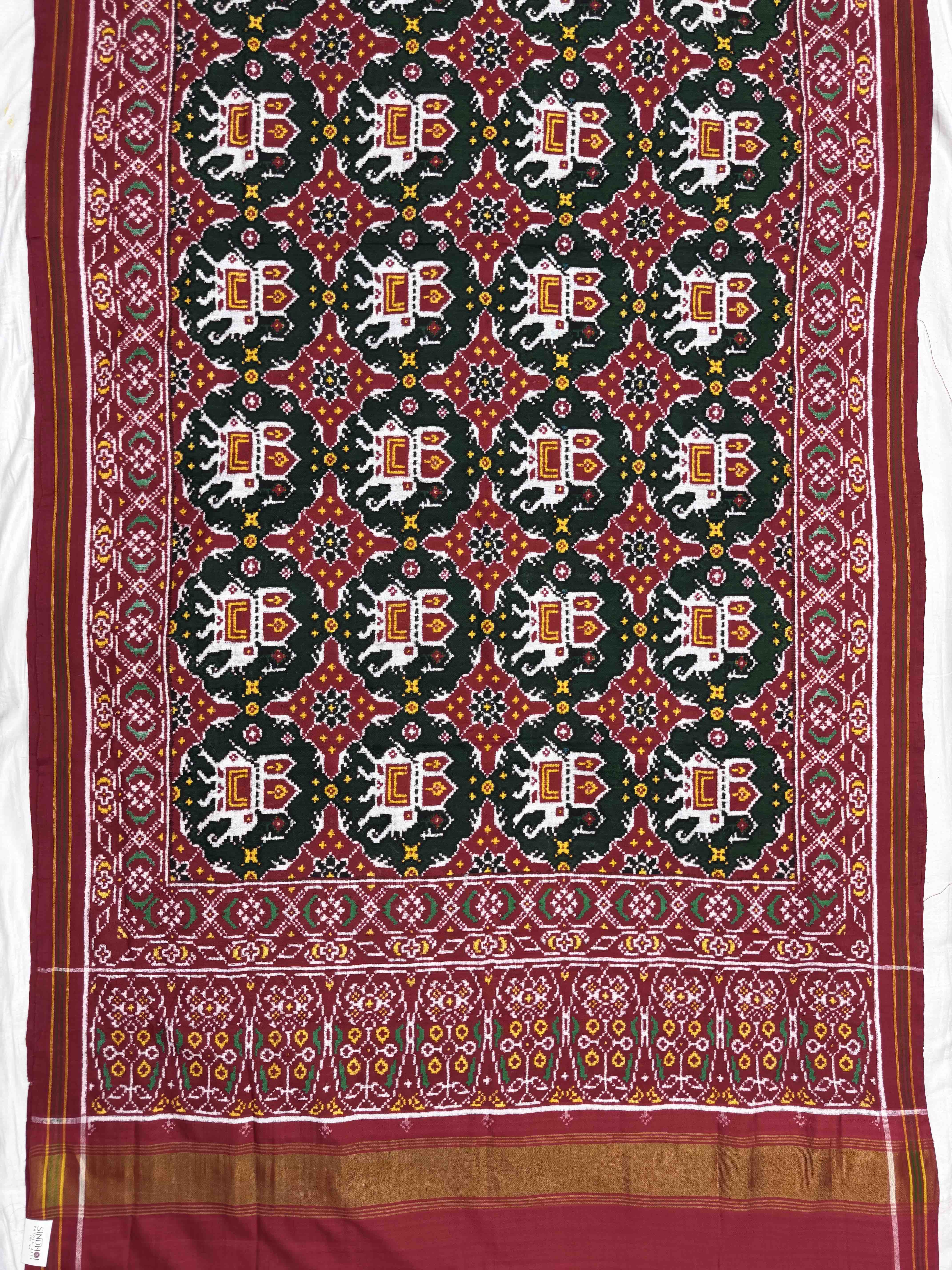 Red & Green Elephant Chhabdi Double Ikat Patan Patola Saree
