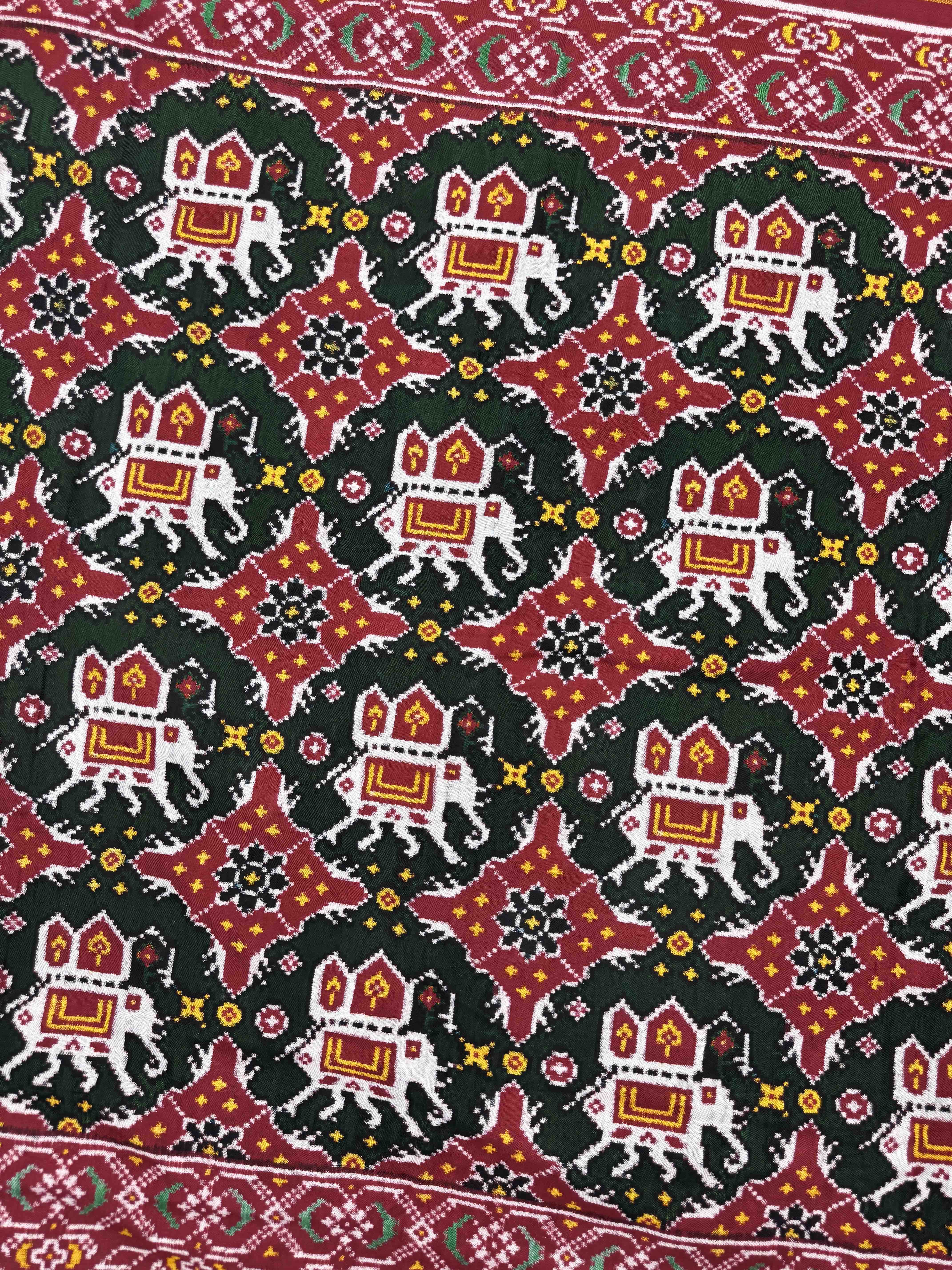 Red & Green Elephant Chhabdi Double Ikat Patan Patola Saree