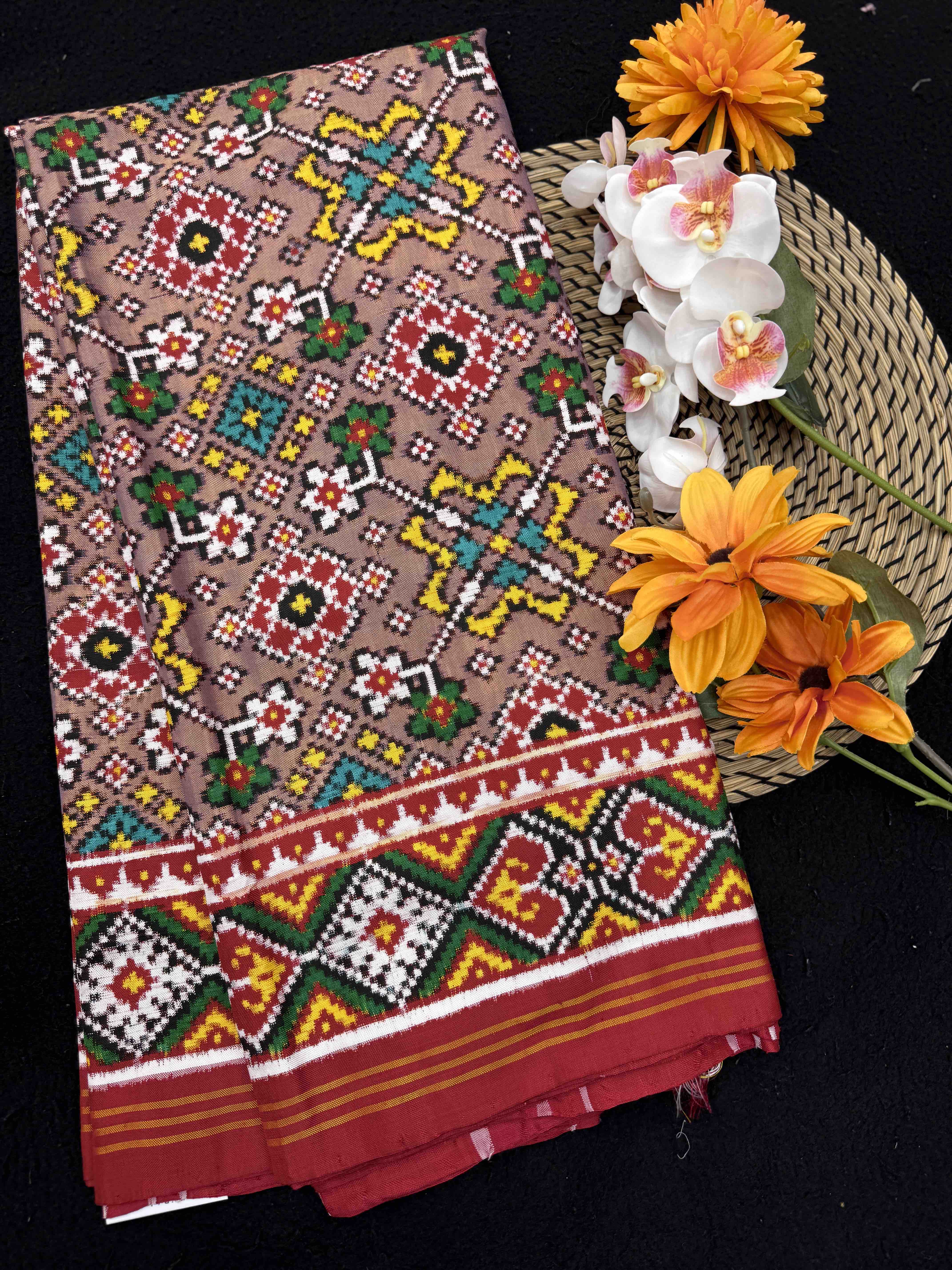 Red & Dust Pink Navratan Double Ikat Patan Patola Saree
