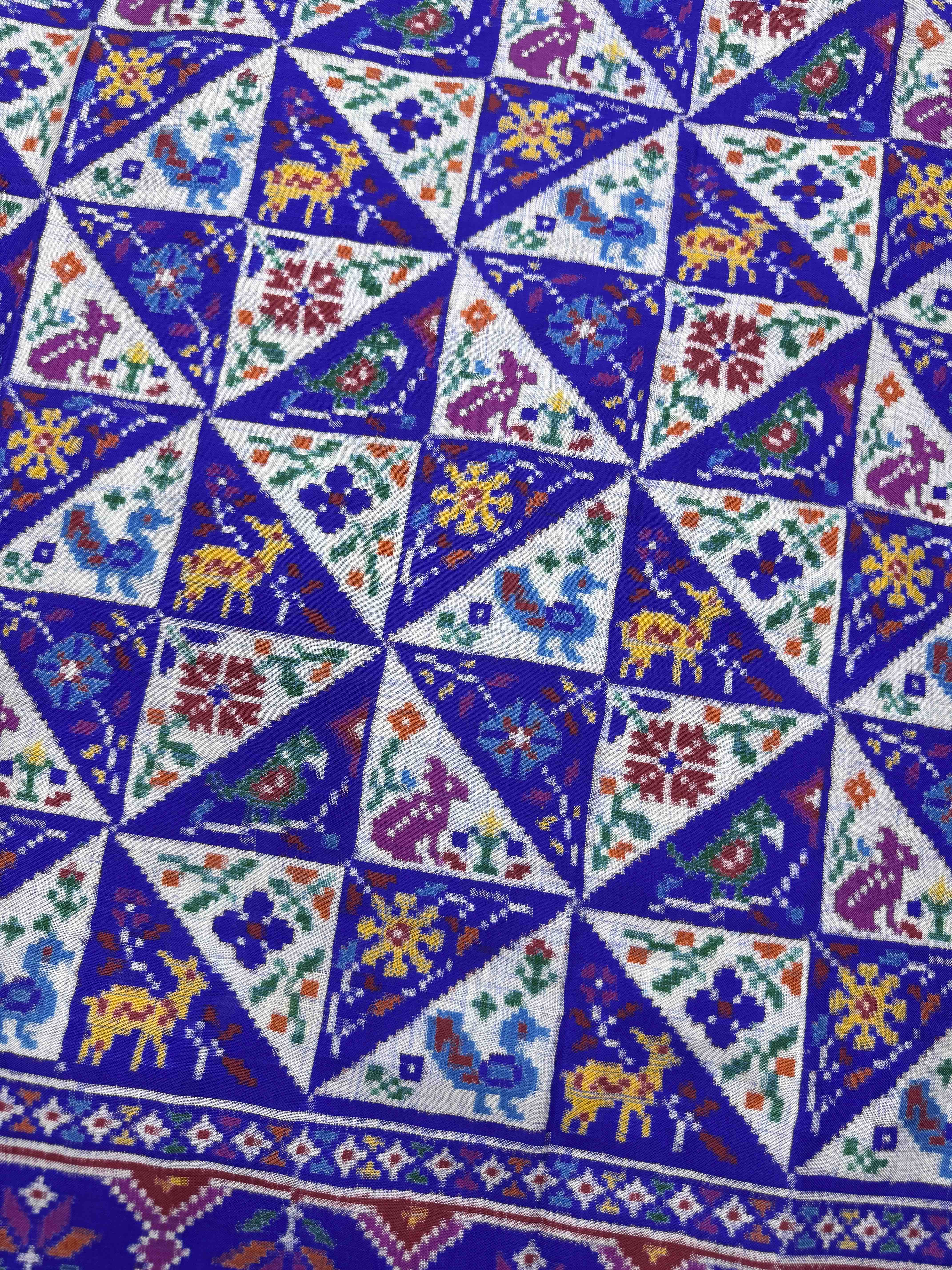 Blue & White Small Narikunj Flower Fancy Double Ikat Patan Patola Saree