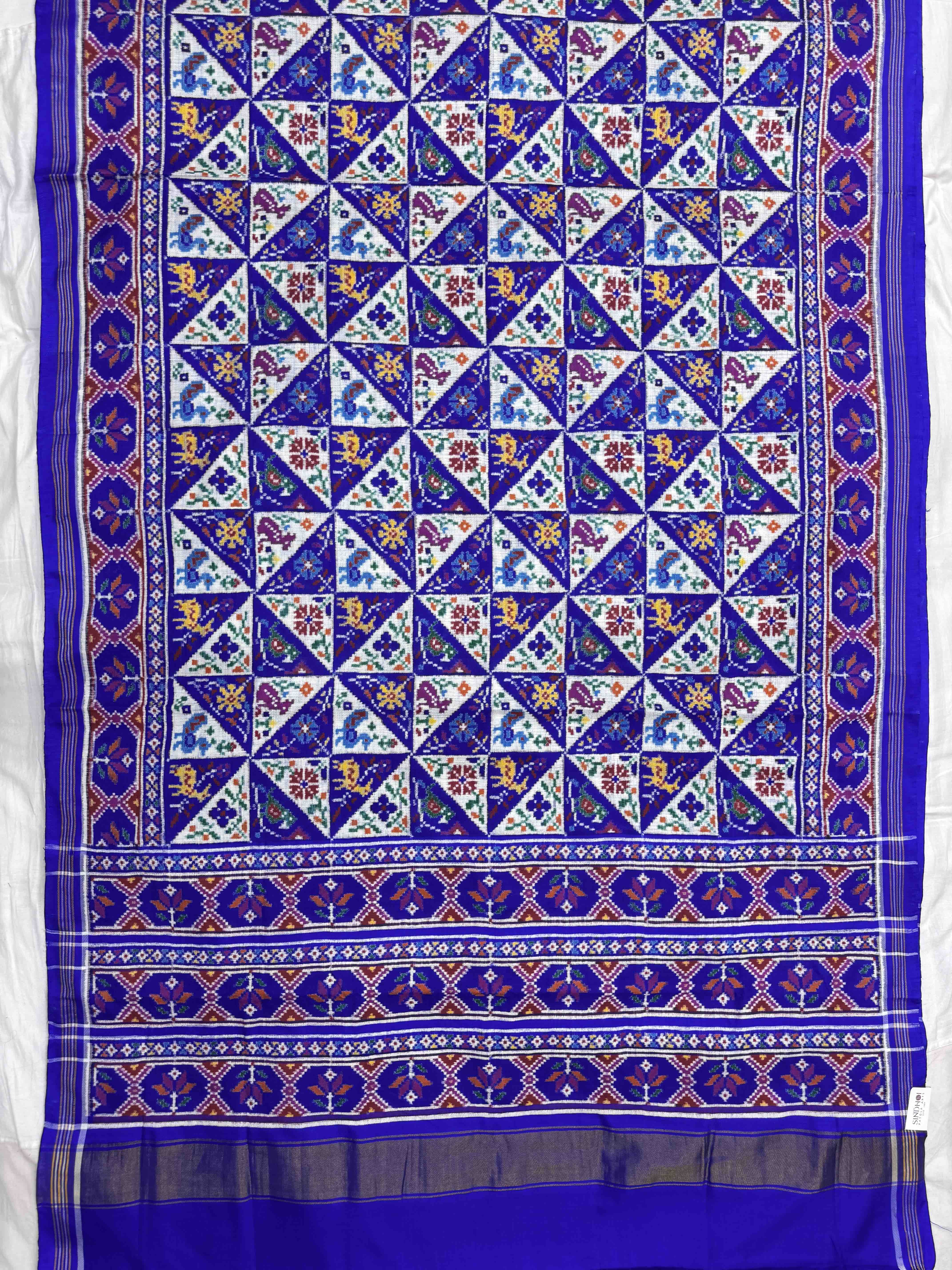Blue & White Small Narikunj Flower Fancy Double Ikat Patan Patola Saree