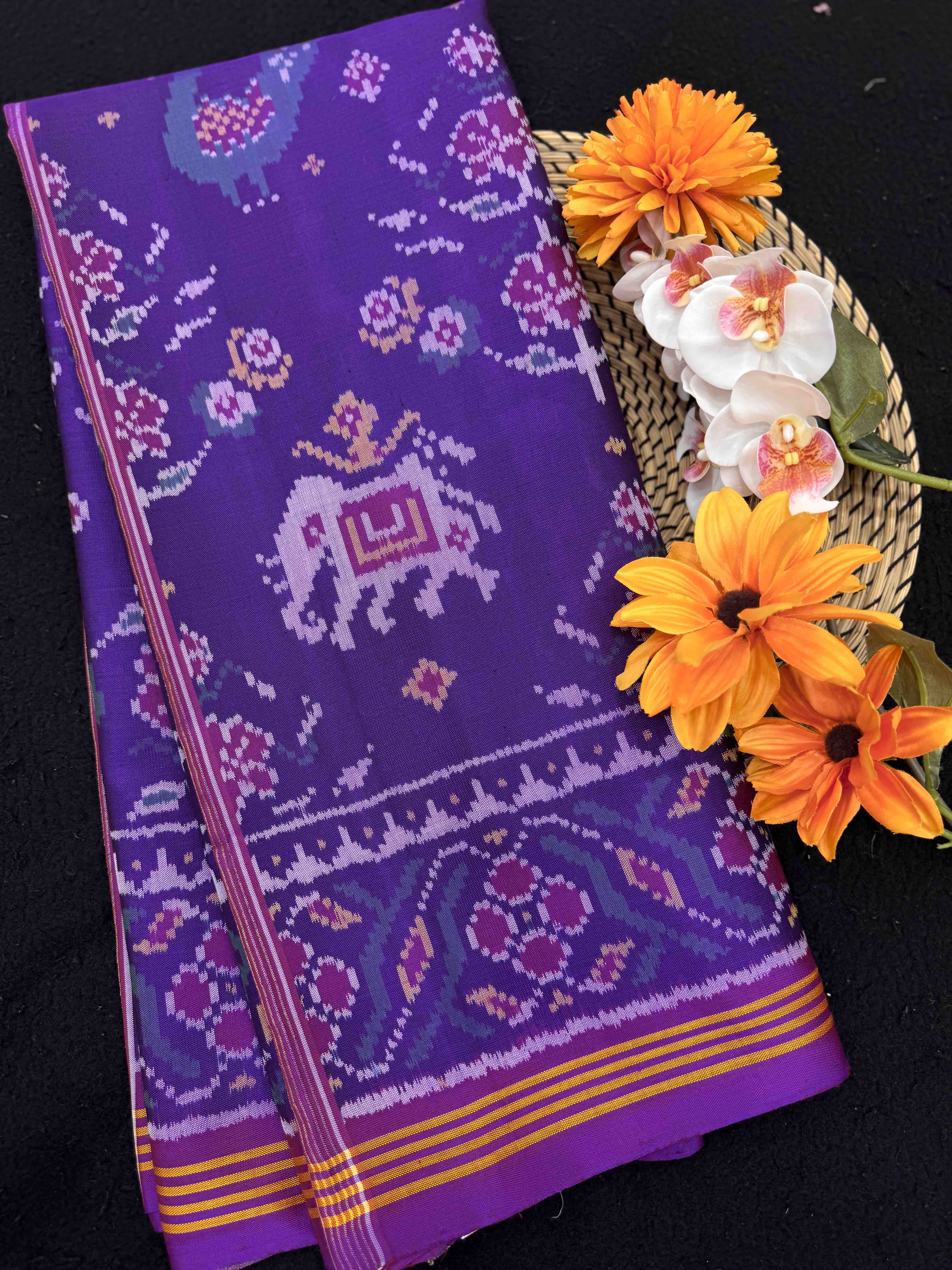 Purple Narikunj Flower Single Ikat Patan Patola Saree