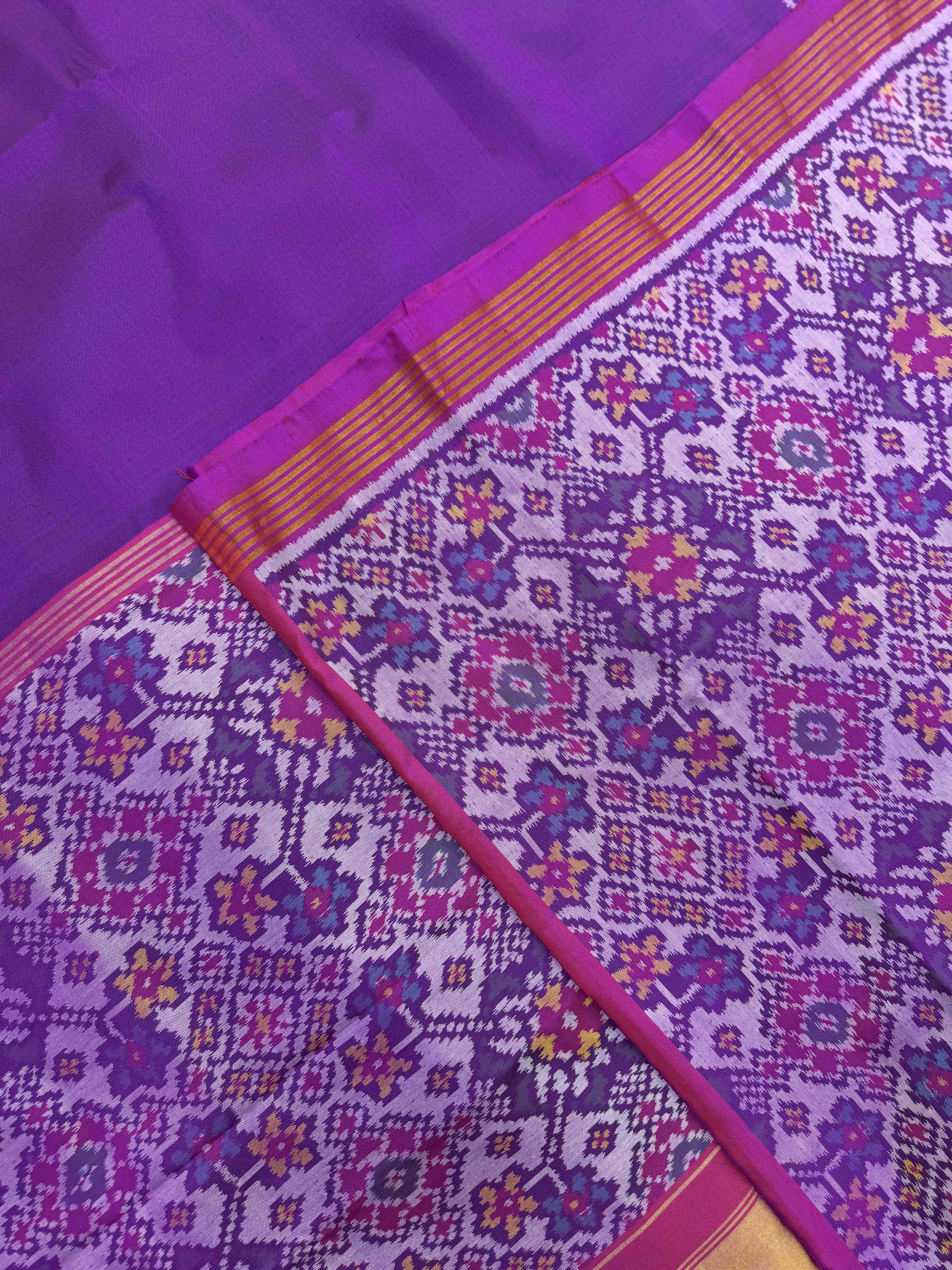 Purple Plain with Navratan Border Pallu Single Ikat Patan Patola Saree