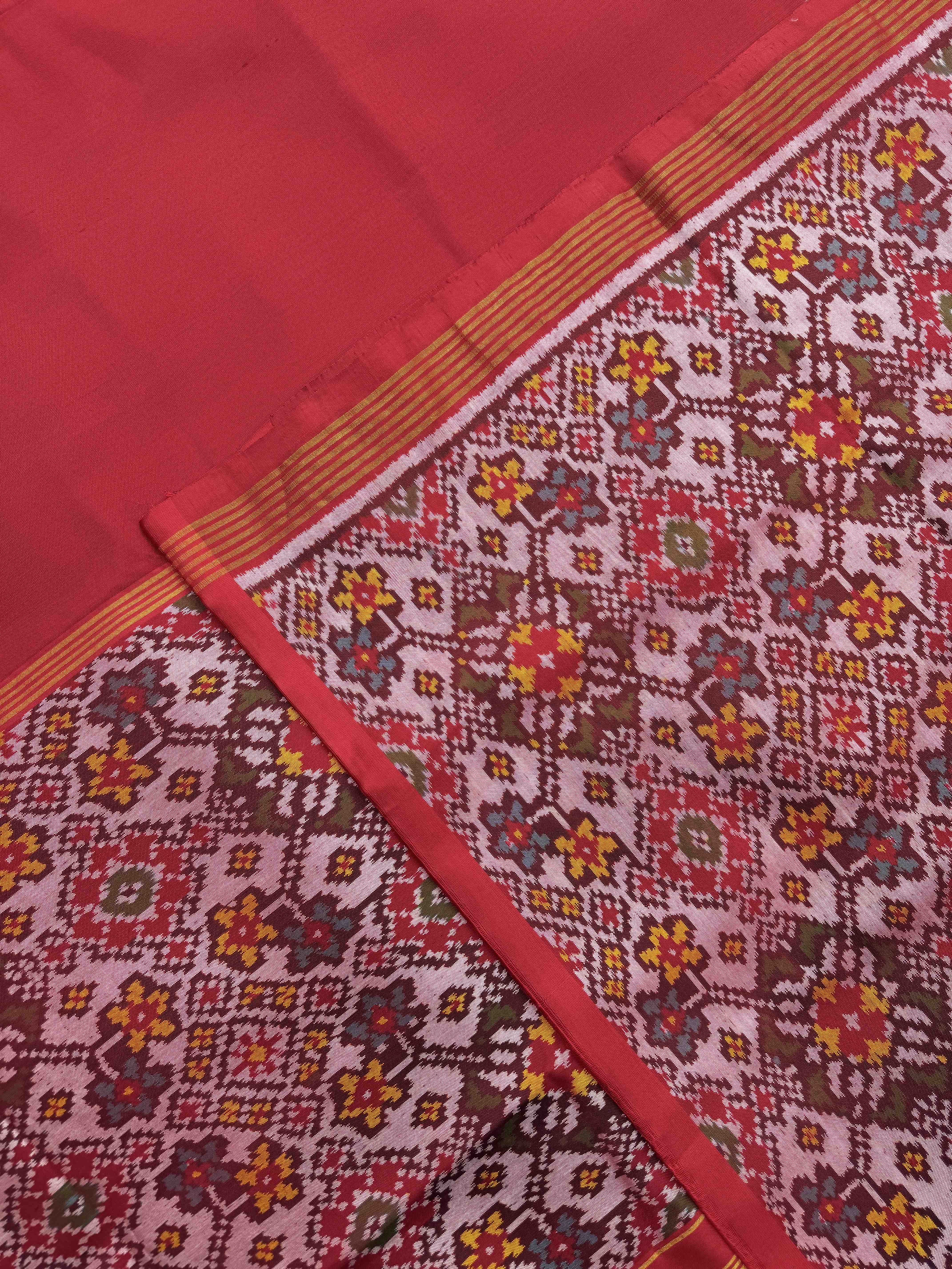 Red Plain with Navratan Border Pallu Single Ikat Patan Patola Saree