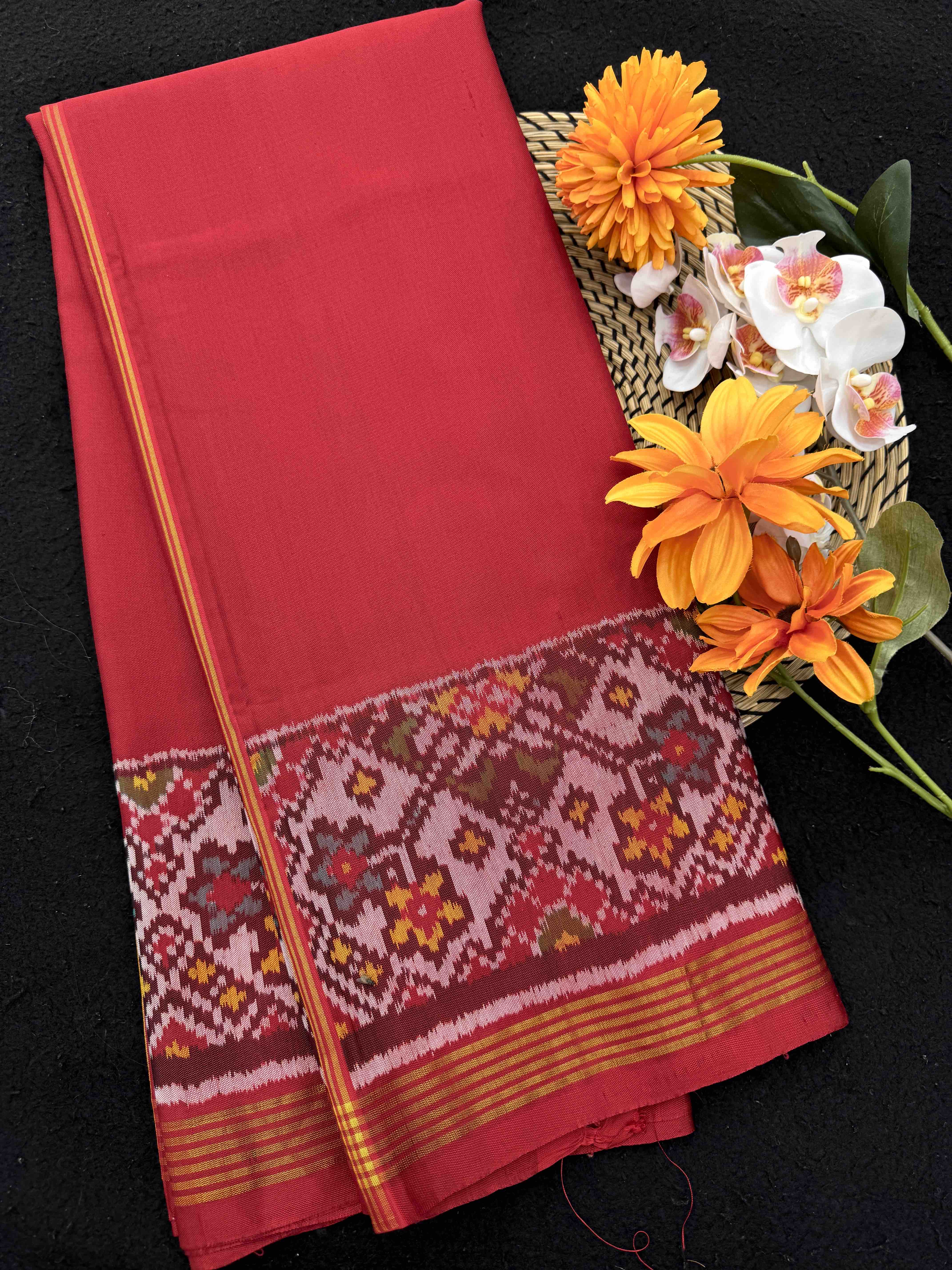 Red Plain with Navratan Border Pallu Single Ikat Patan Patola Saree
