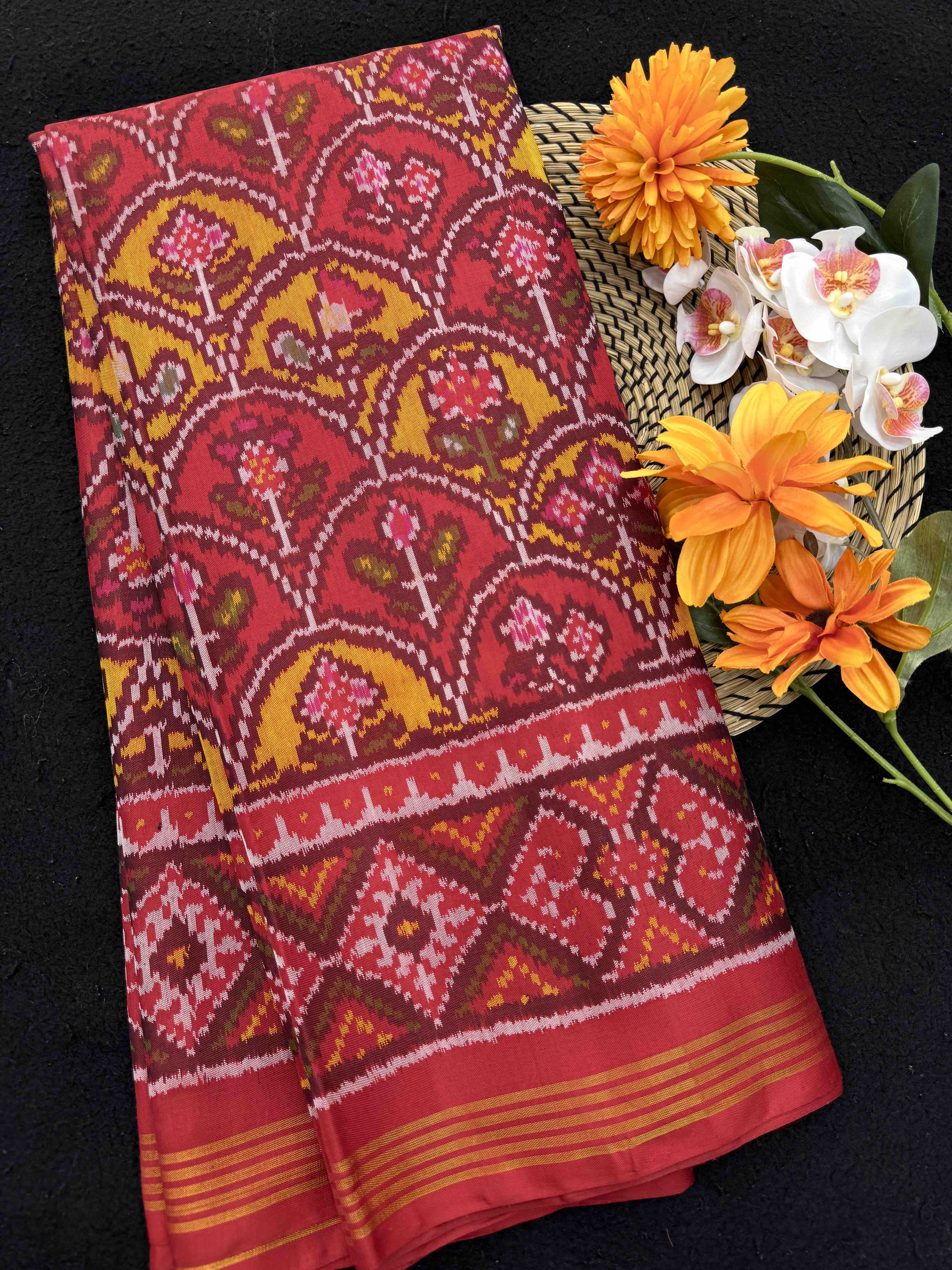 Red & Yellow Fancy Flower Single Ikat Patan Patola Saree