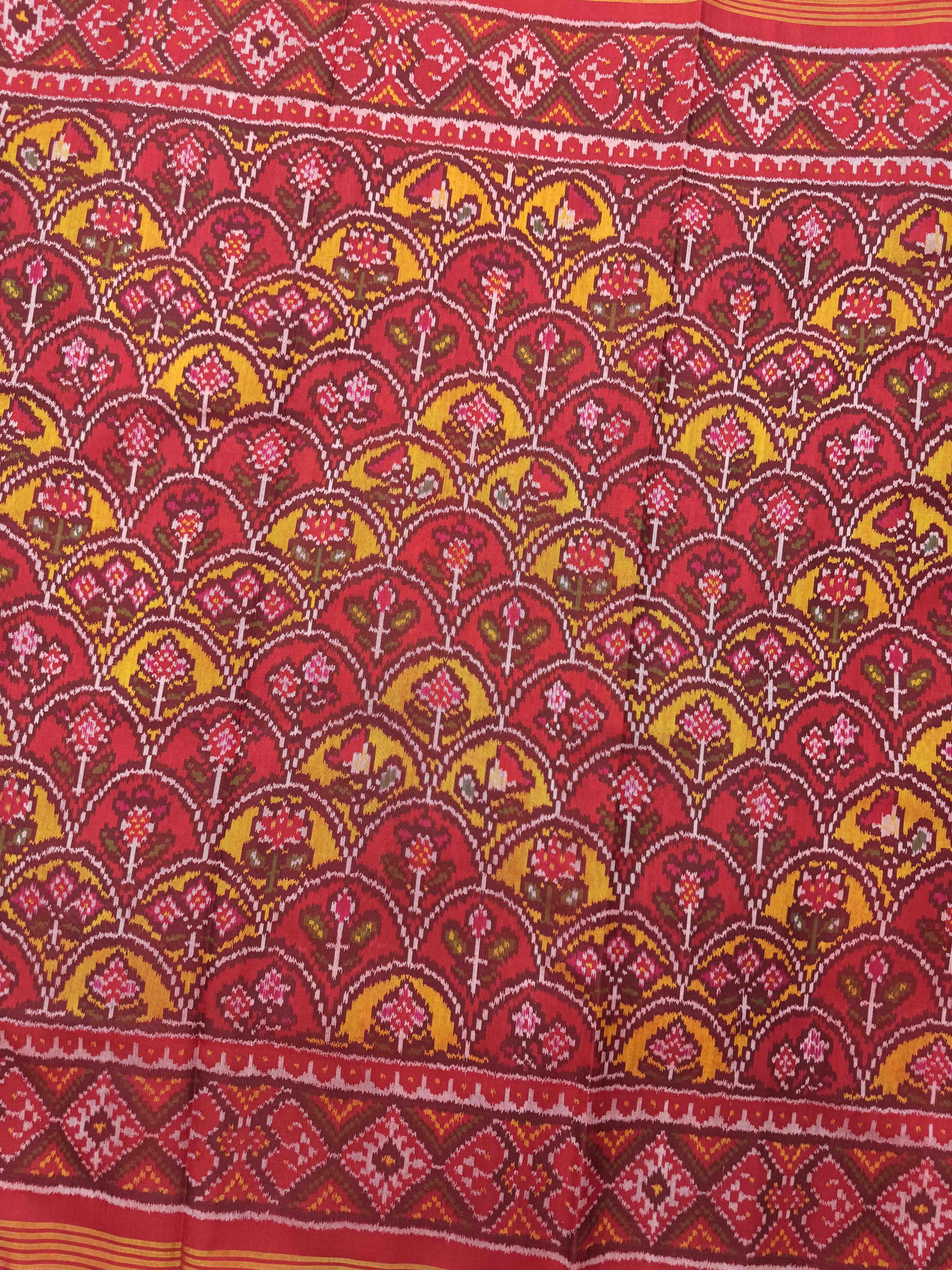 Red & Yellow Fancy Flower Single Ikat Patan Patola Saree