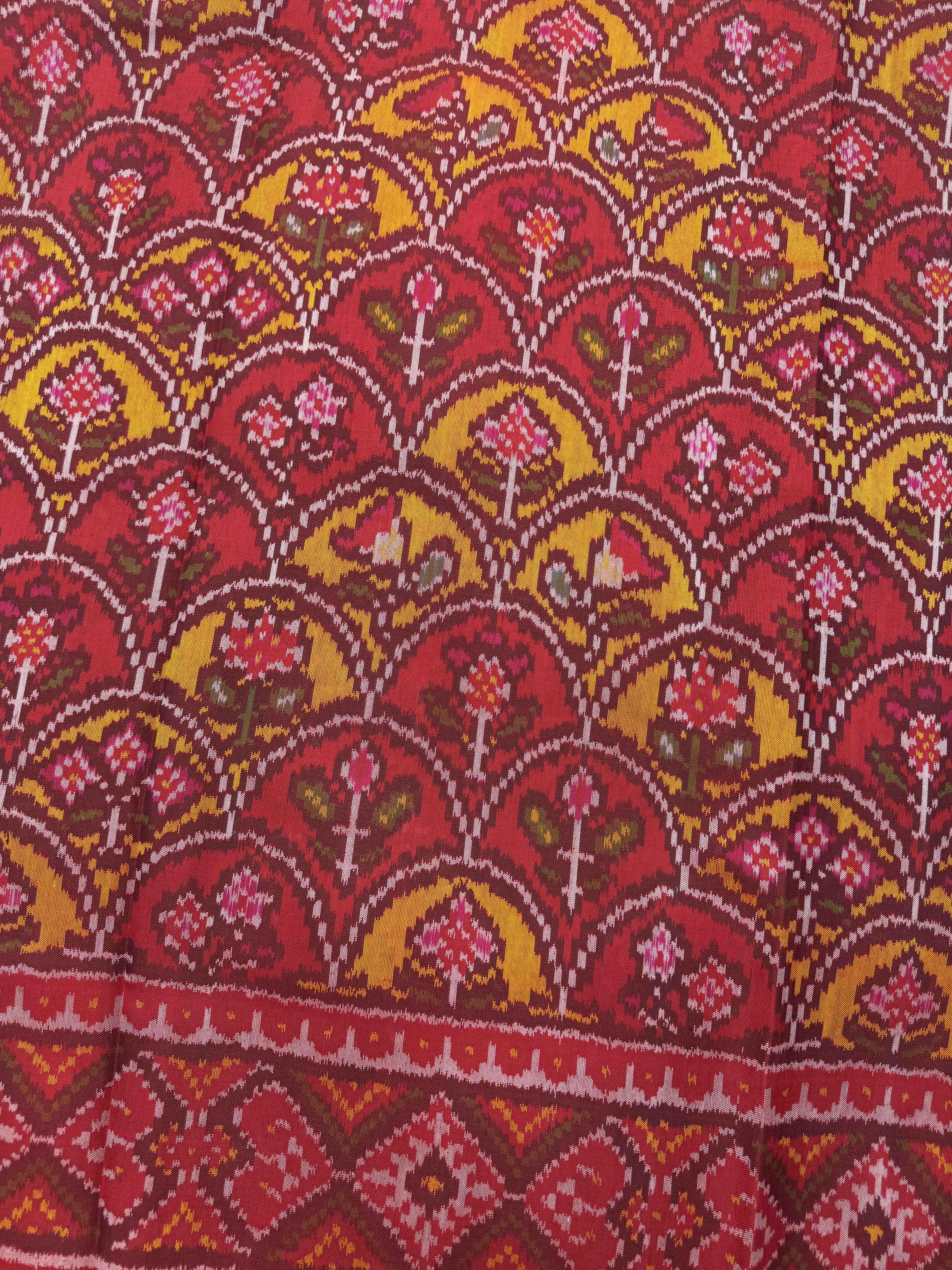 Red & Yellow Fancy Flower Single Ikat Patan Patola Saree
