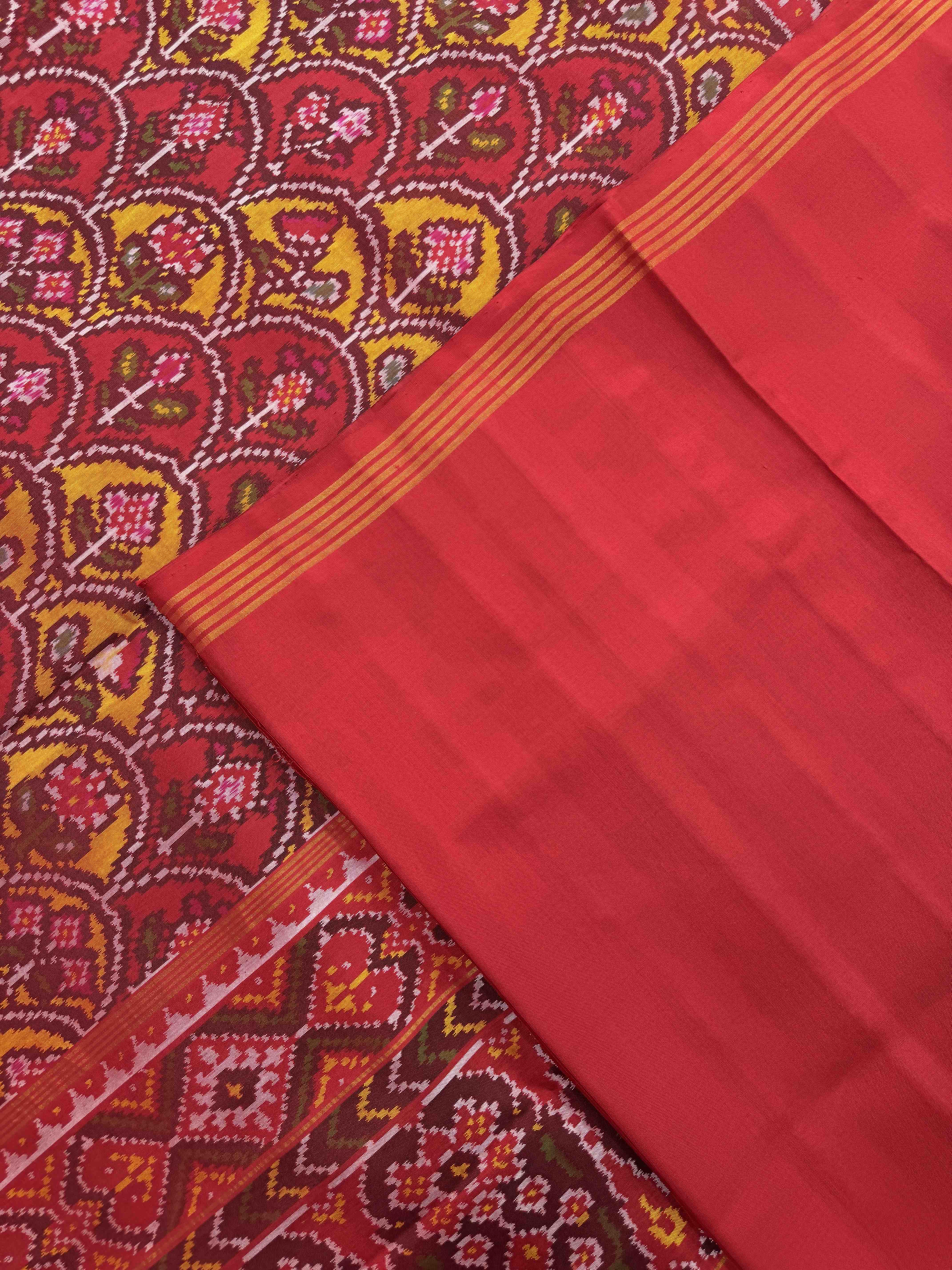 Red & Yellow Fancy Flower Single Ikat Patan Patola Saree