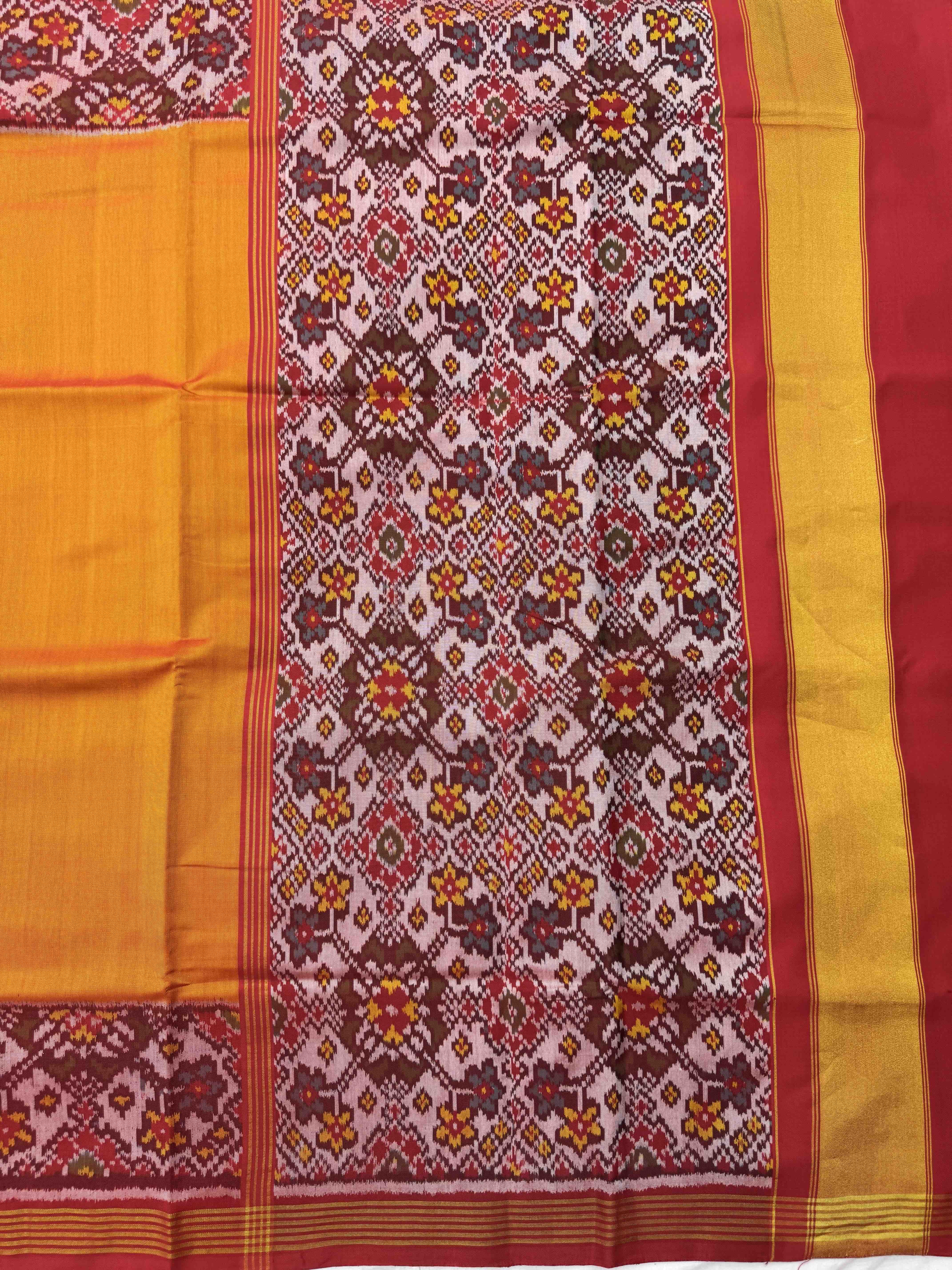 Mustard Yellow Plain with Navratan Border Pallu Single Ikat Patan Patola Saree