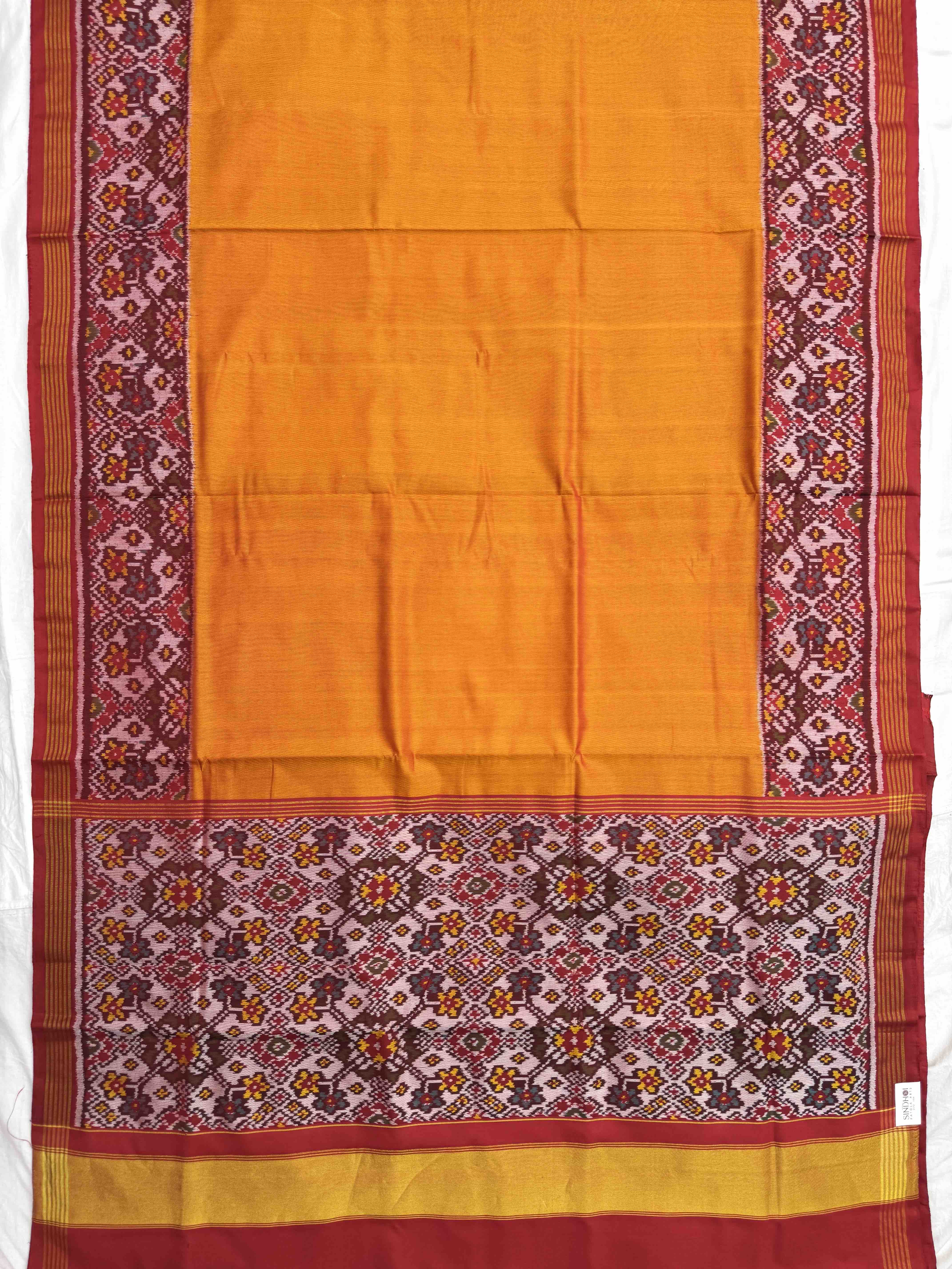 Mustard Yellow Plain with Navratan Border Pallu Single Ikat Patan Patola Saree