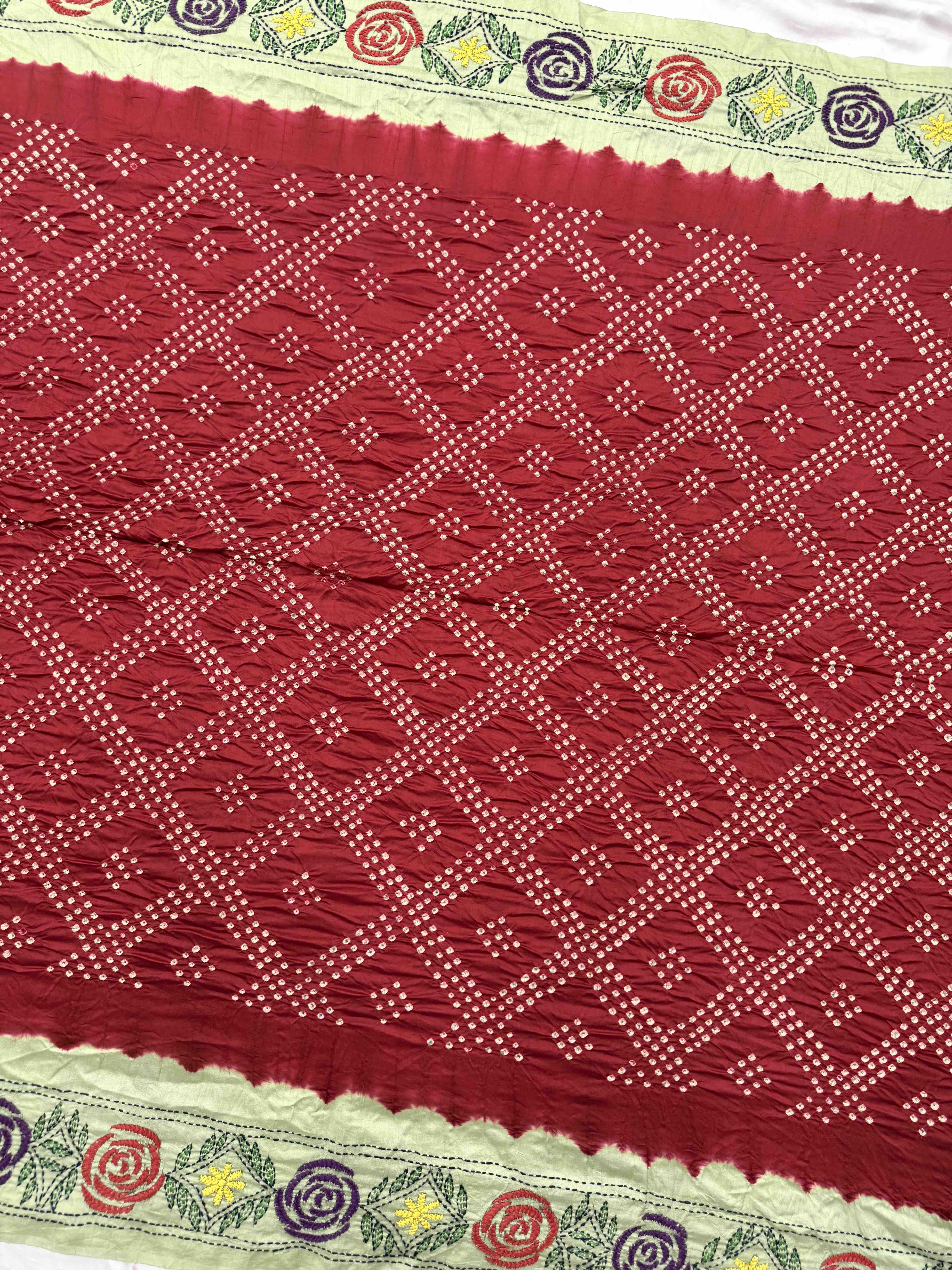 Red & Light Pista Bandhej with Kantha Word Dress Material
