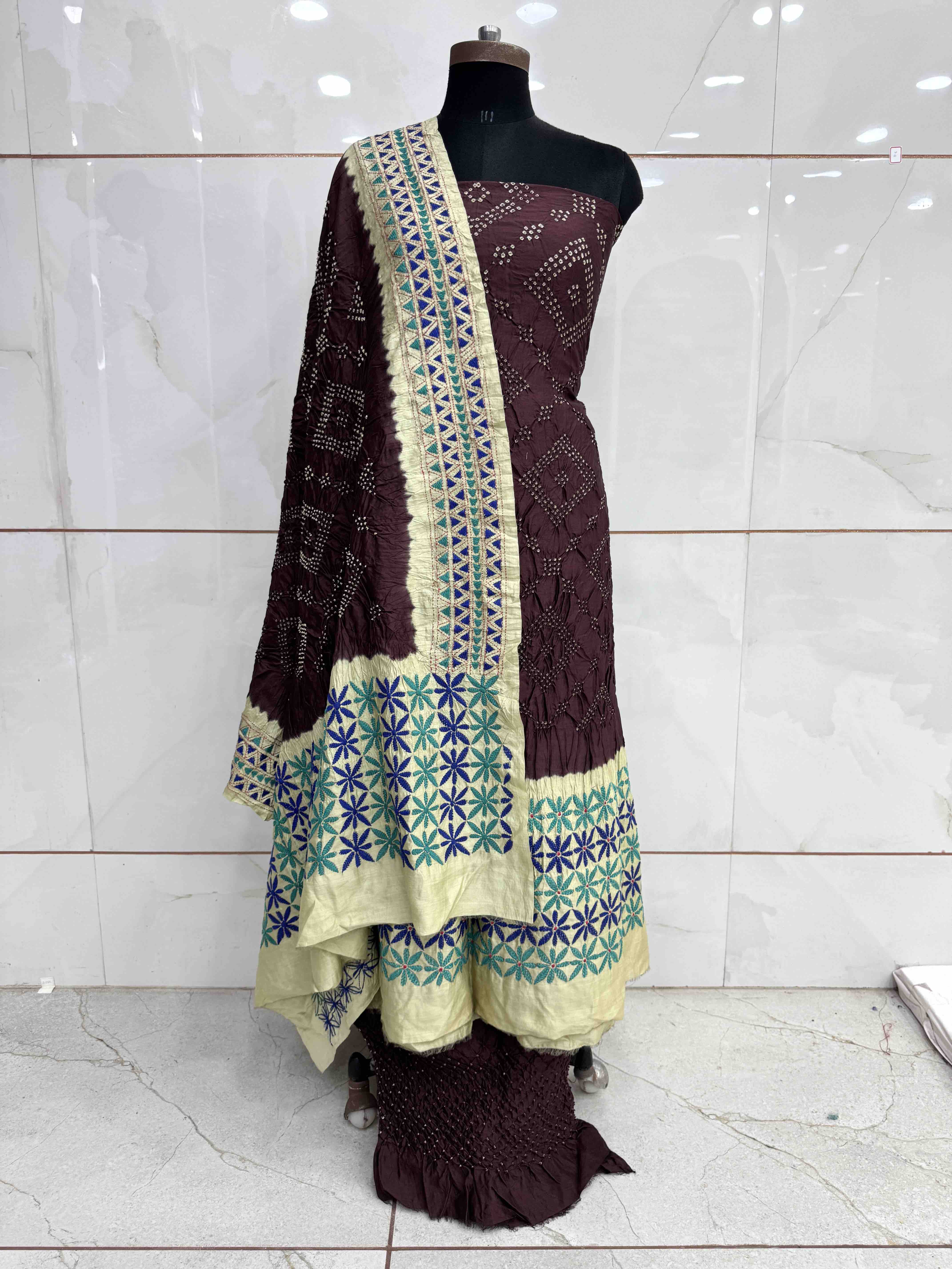 Chocolate Brown & Off White Bandhej with Kantha Word Dress Material