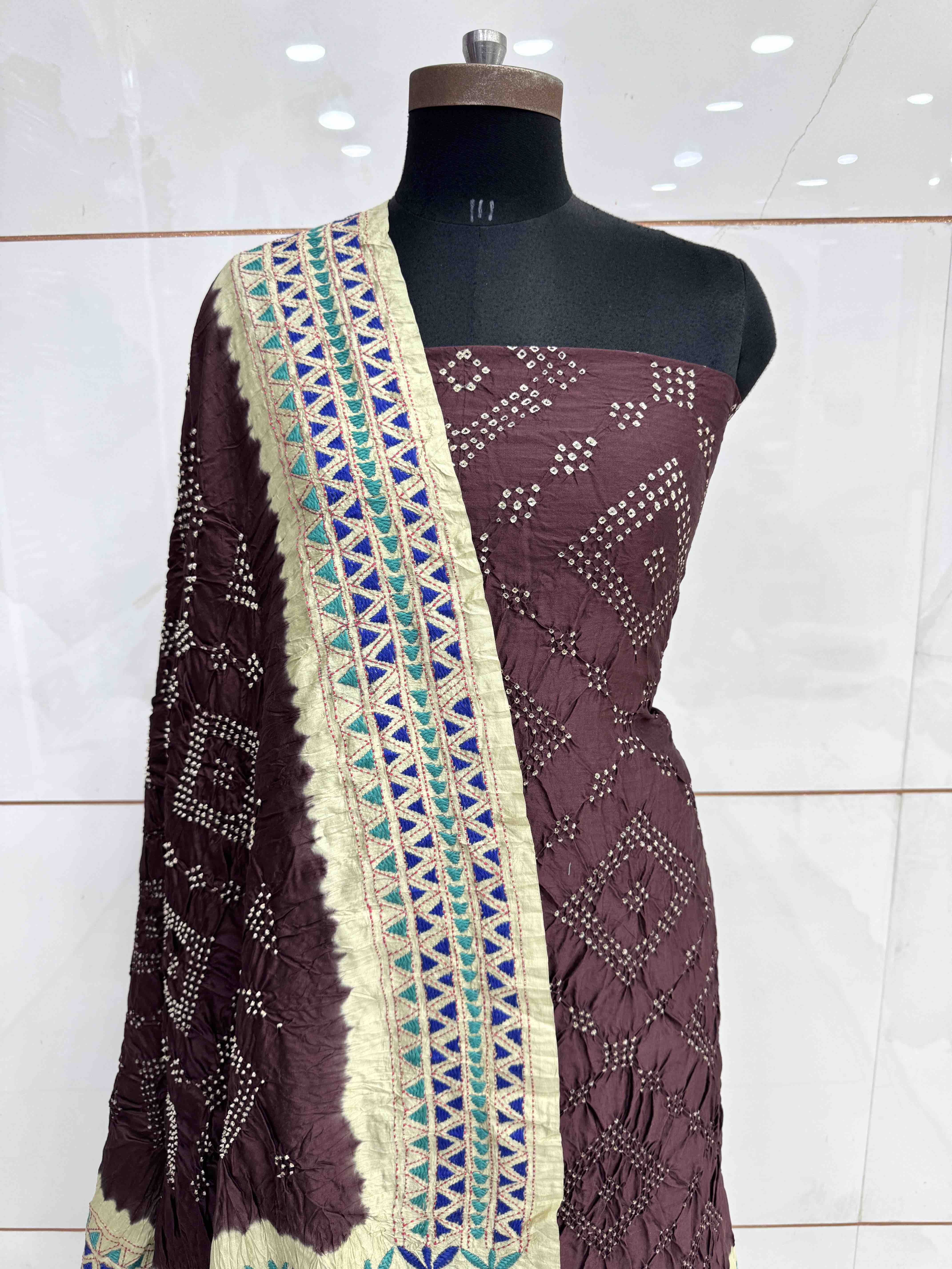 Chocolate Brown & Off White Bandhej with Kantha Word Dress Material