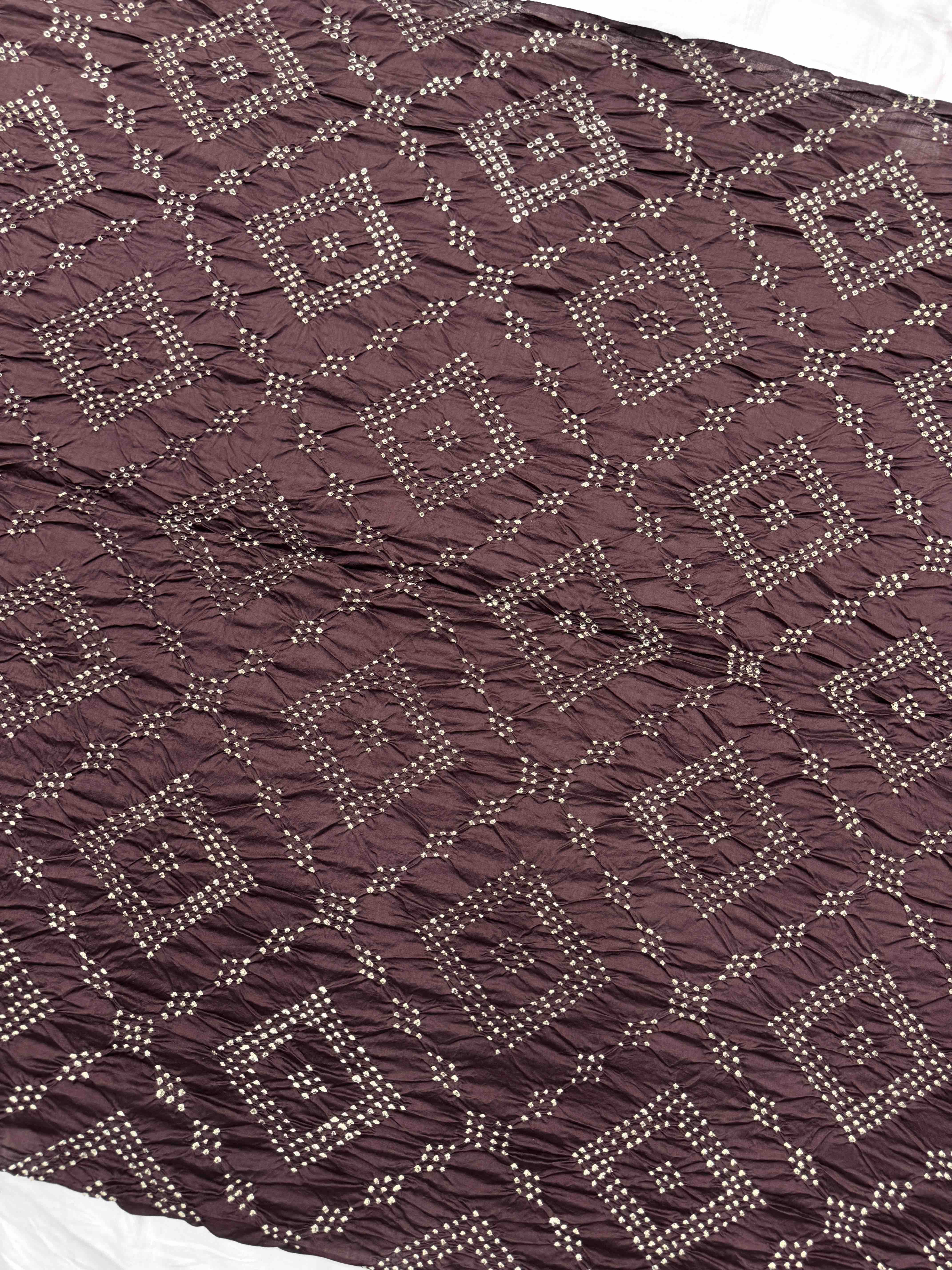 Chocolate Brown & Off White Bandhej with Kantha Word Dress Material