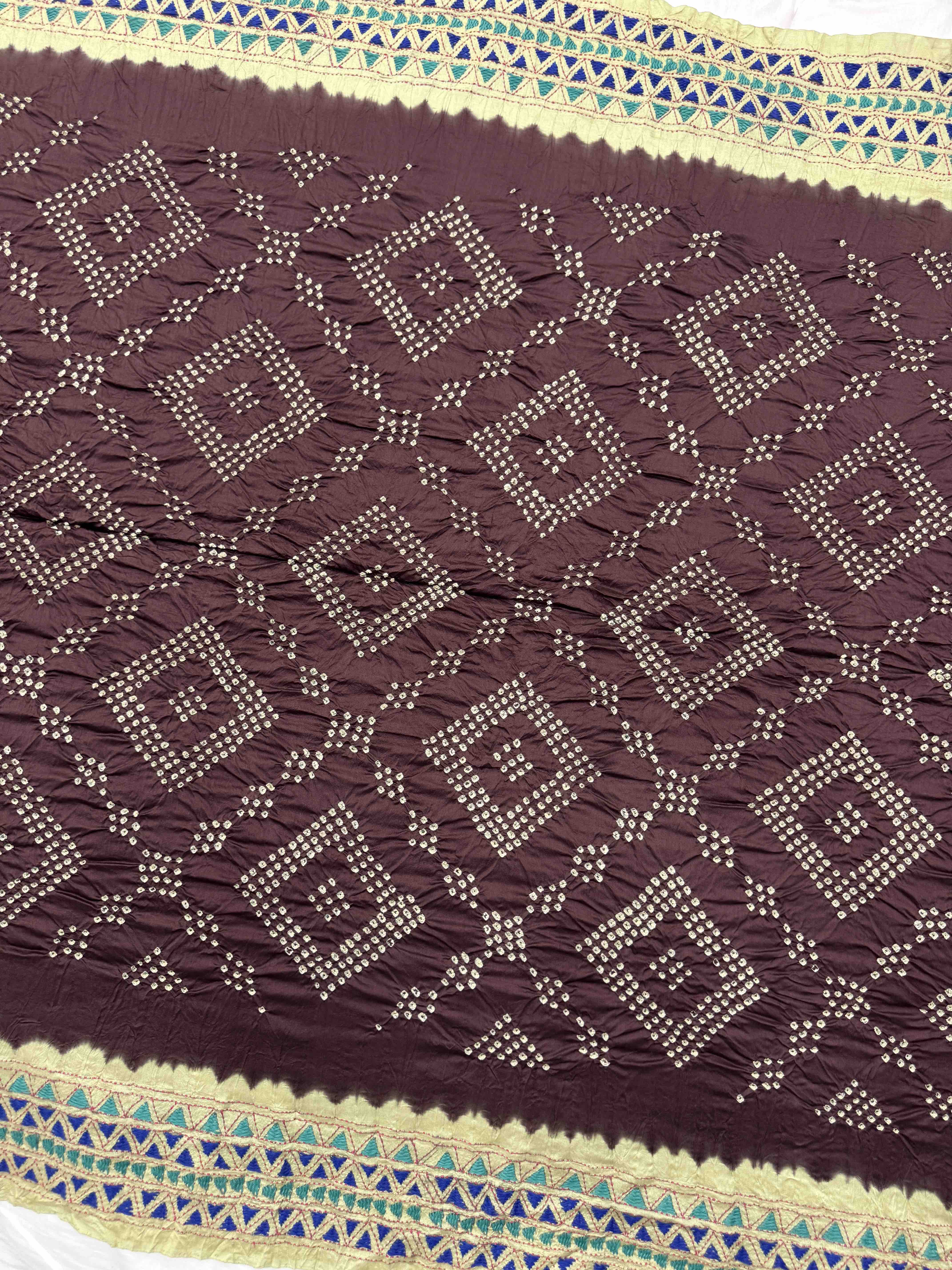 Chocolate Brown & Off White Bandhej with Kantha Word Dress Material