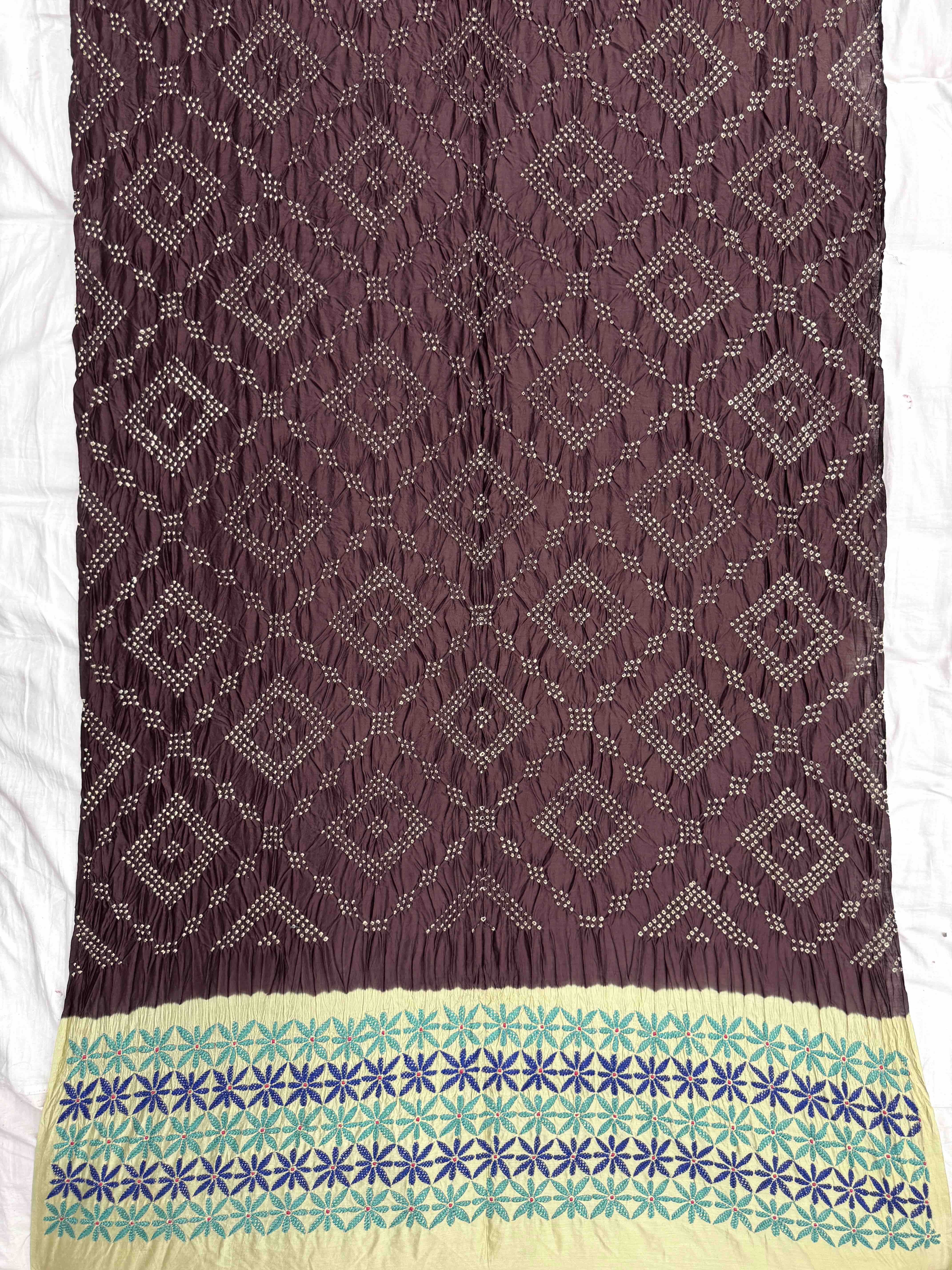 Chocolate Brown & Off White Bandhej with Kantha Word Dress Material