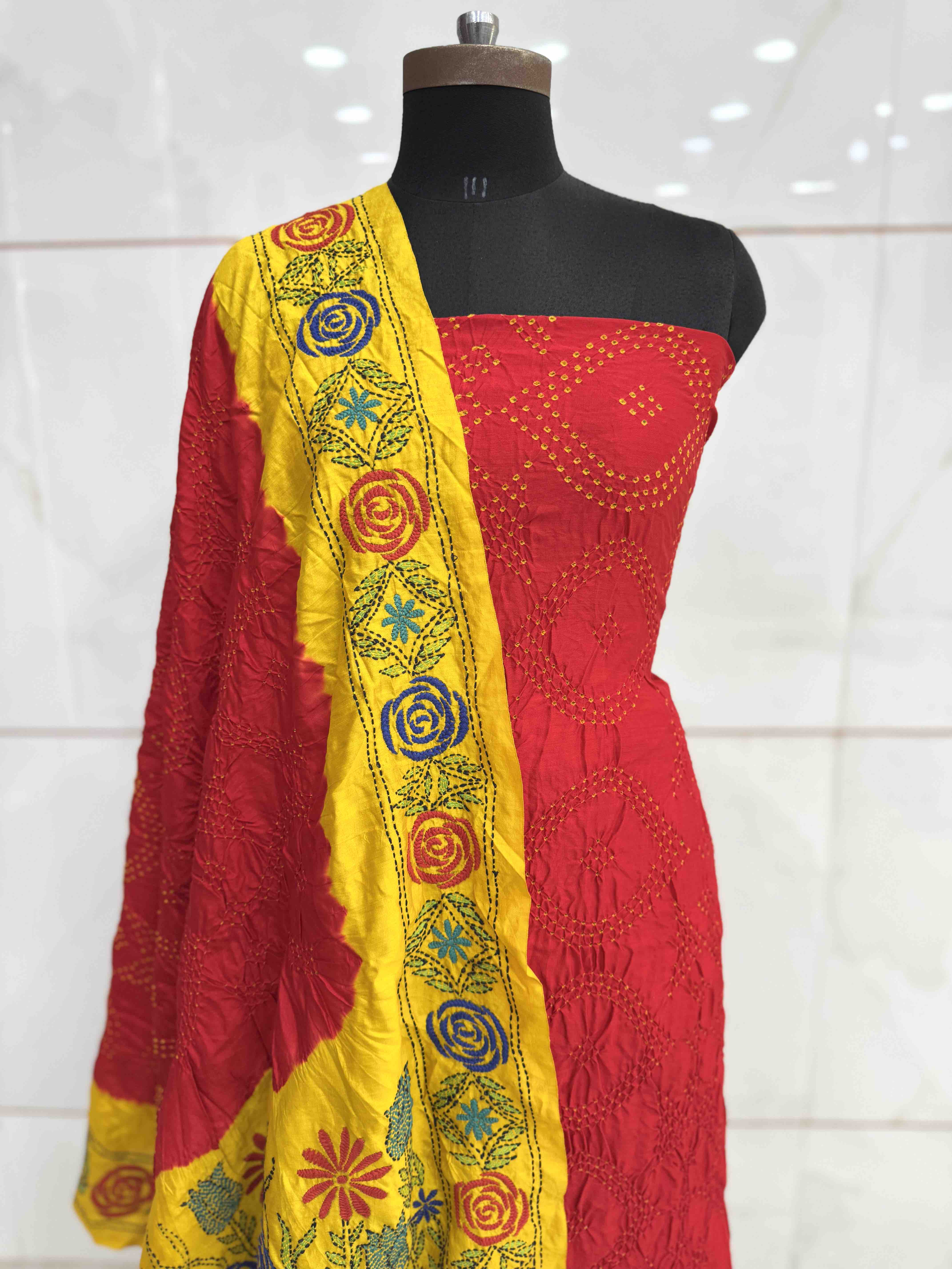 Red & Mustard Bandhej with Kantha Word Dress Material