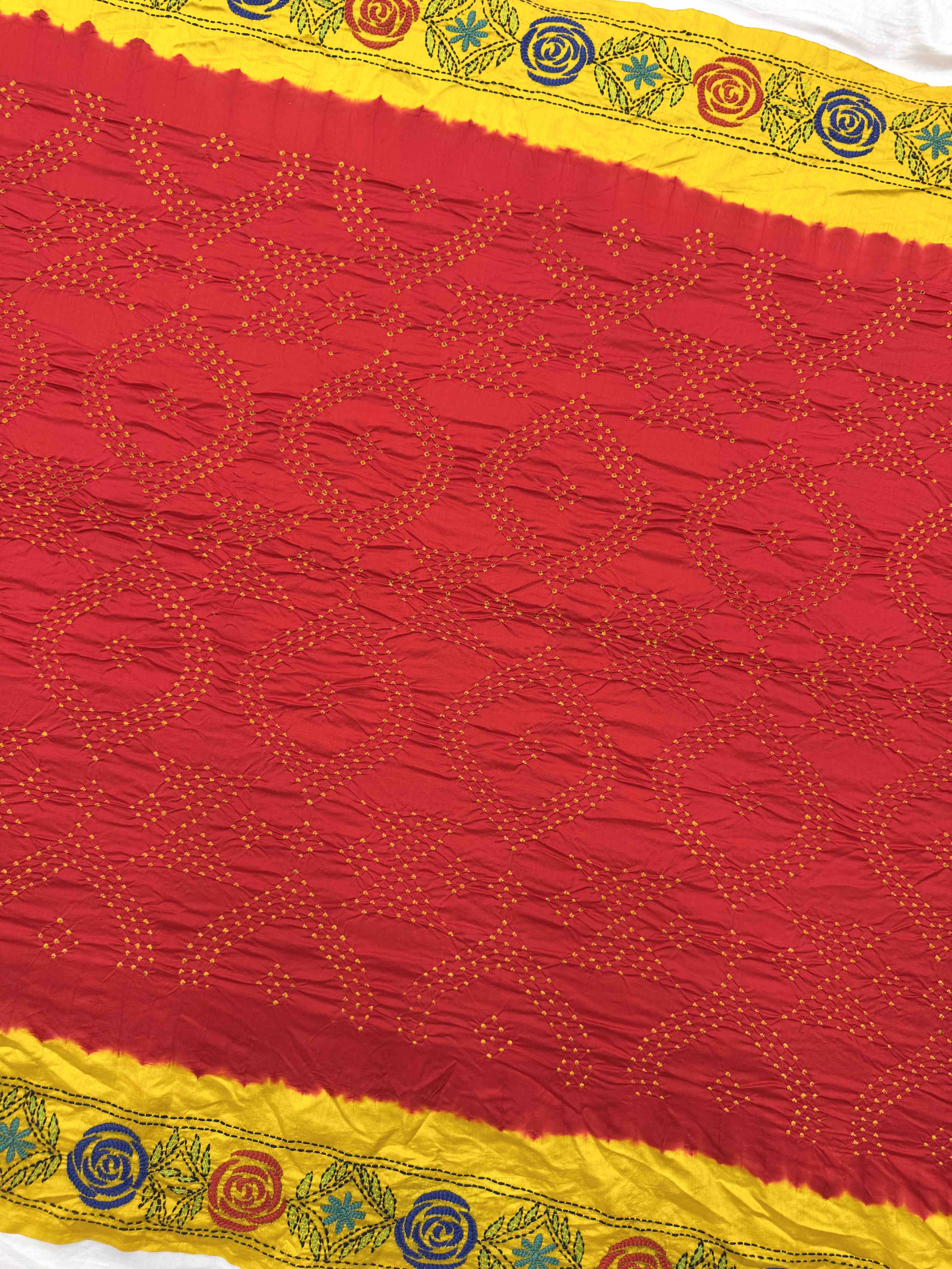 Red & Mustard Bandhej with Kantha Word Dress Material