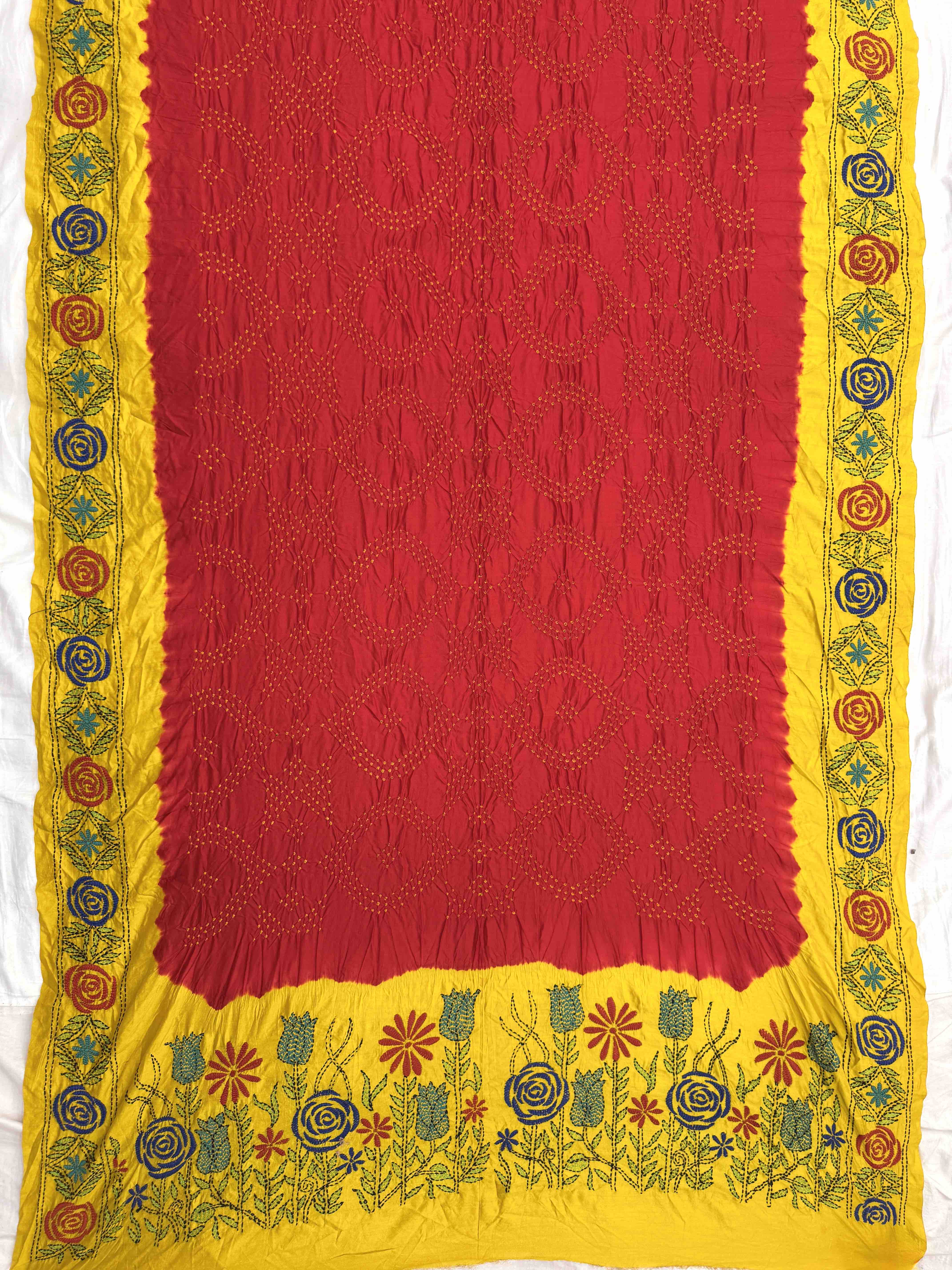 Red & Mustard Bandhej with Kantha Word Dress Material
