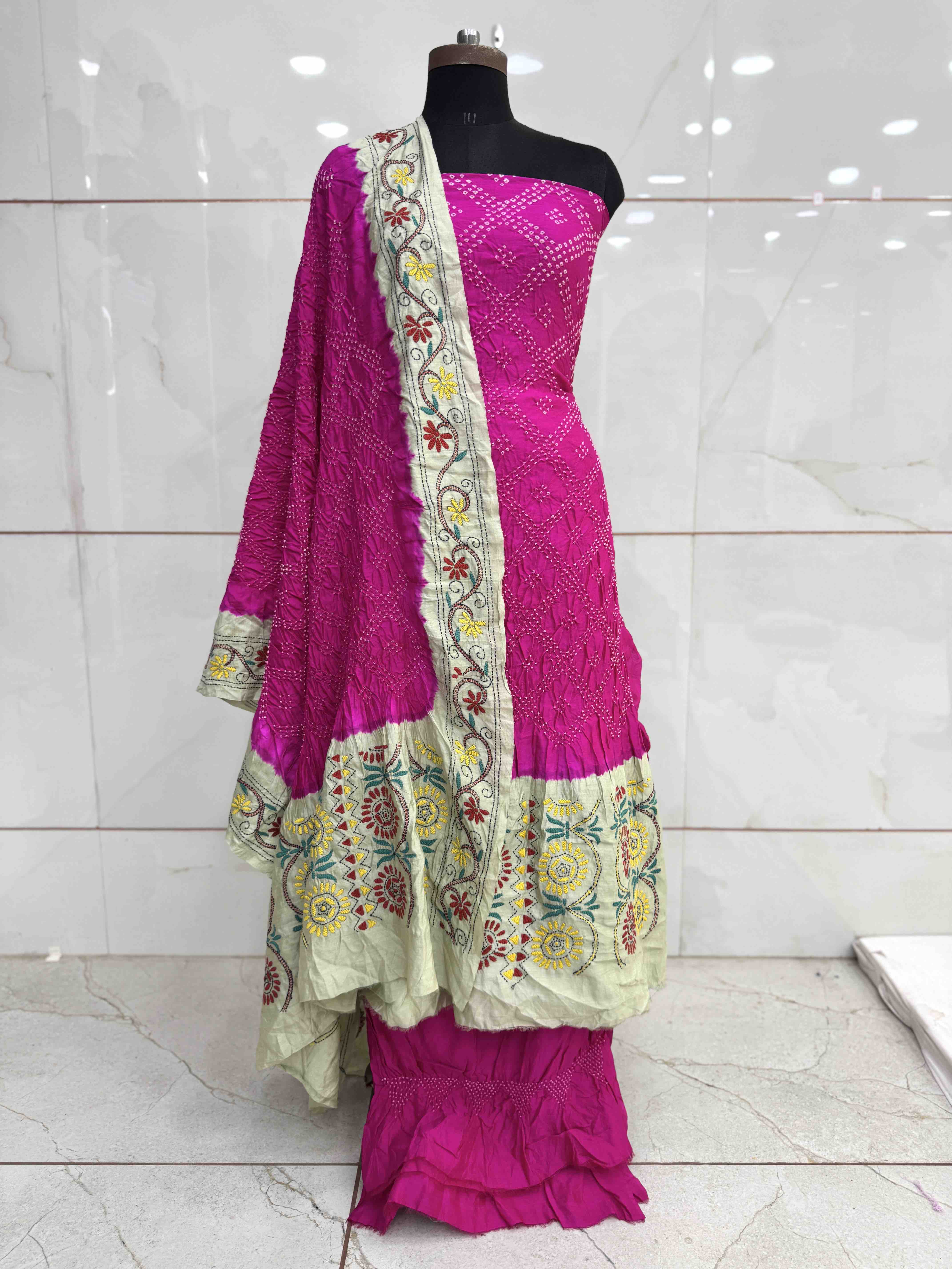 Pink & Off White Bandhej with Kantha Word Dress Material
