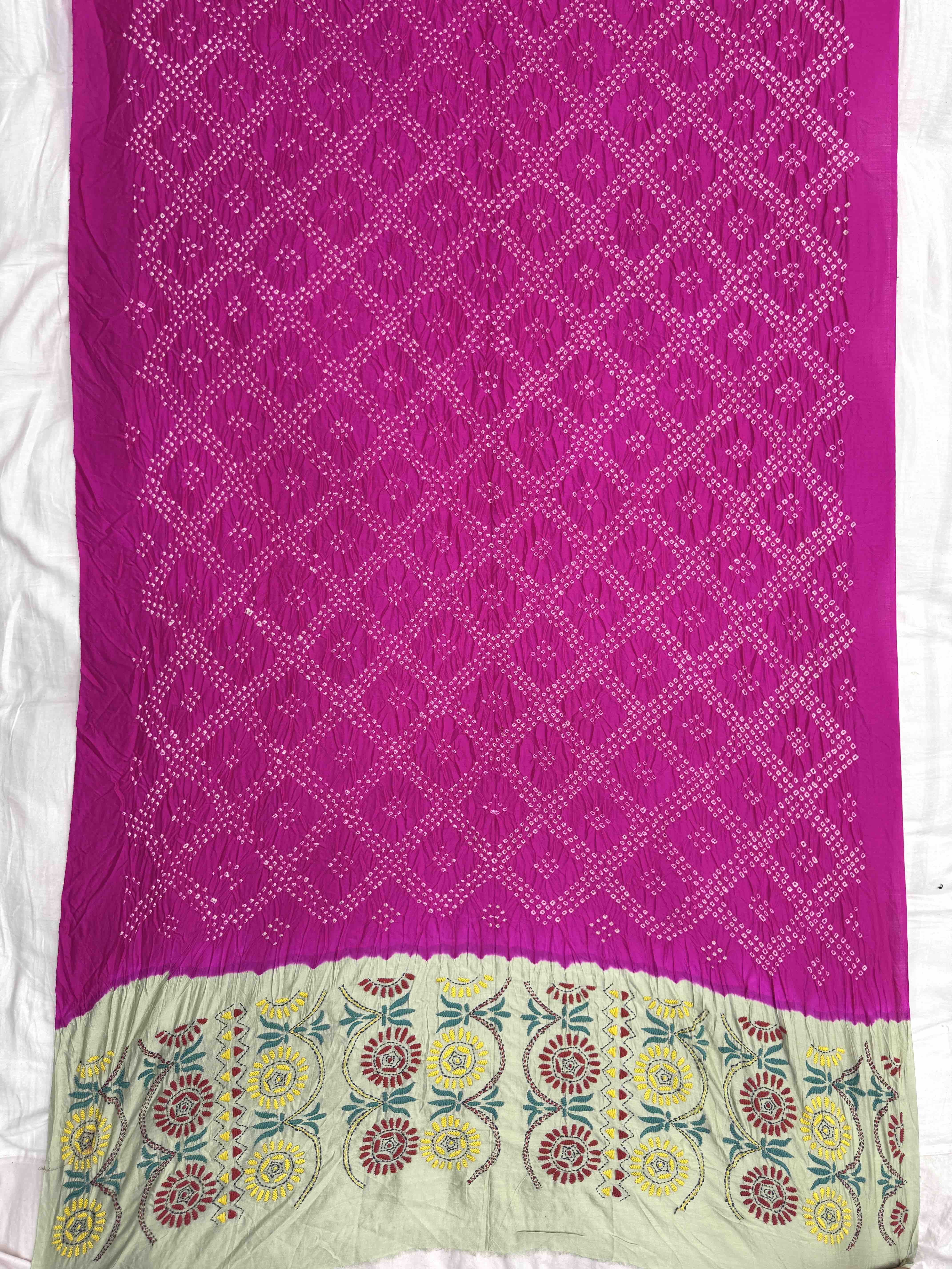 Pink & Off White Bandhej with Kantha Word Dress Material
