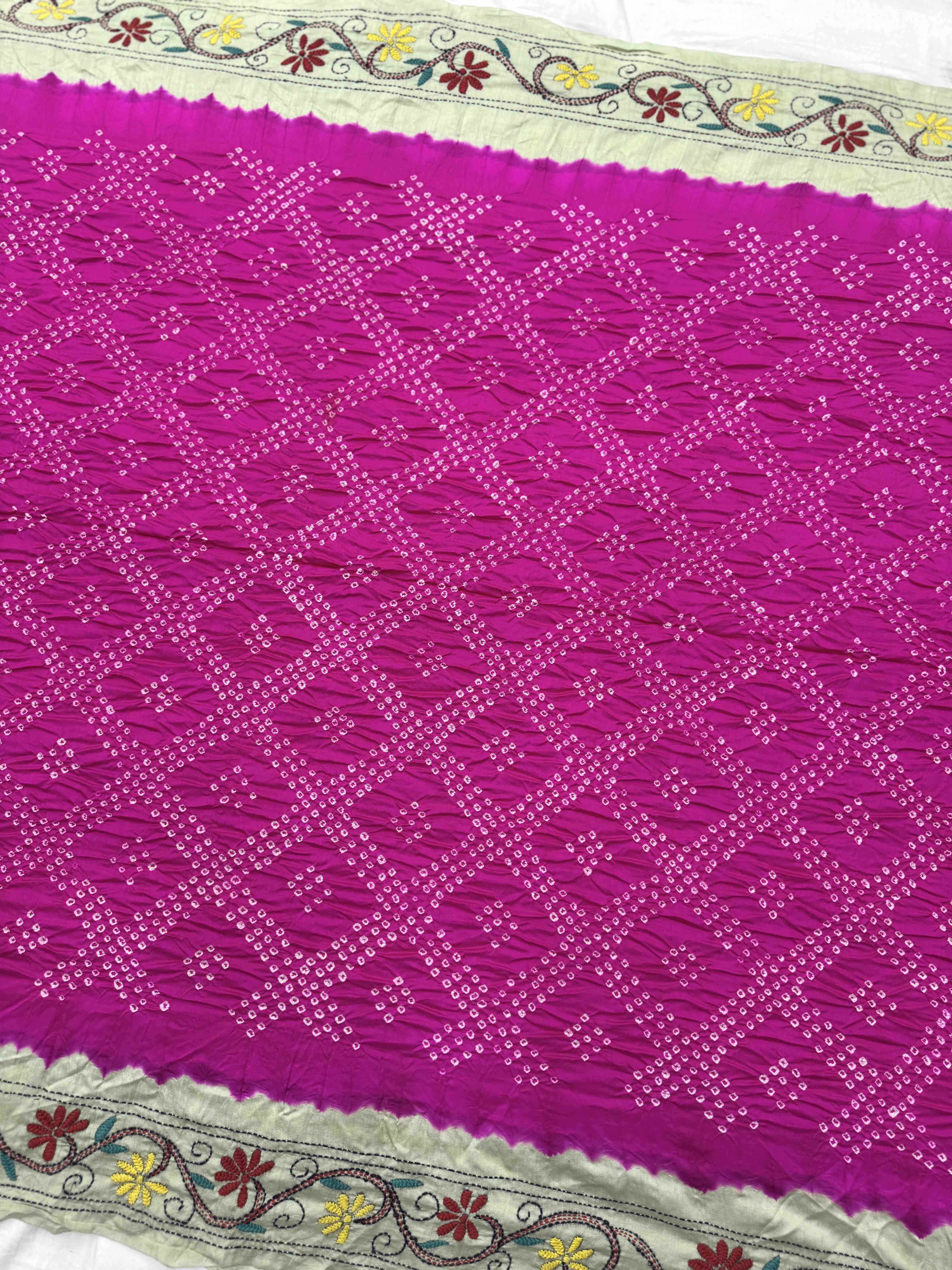 Pink & Off White Bandhej with Kantha Word Dress Material