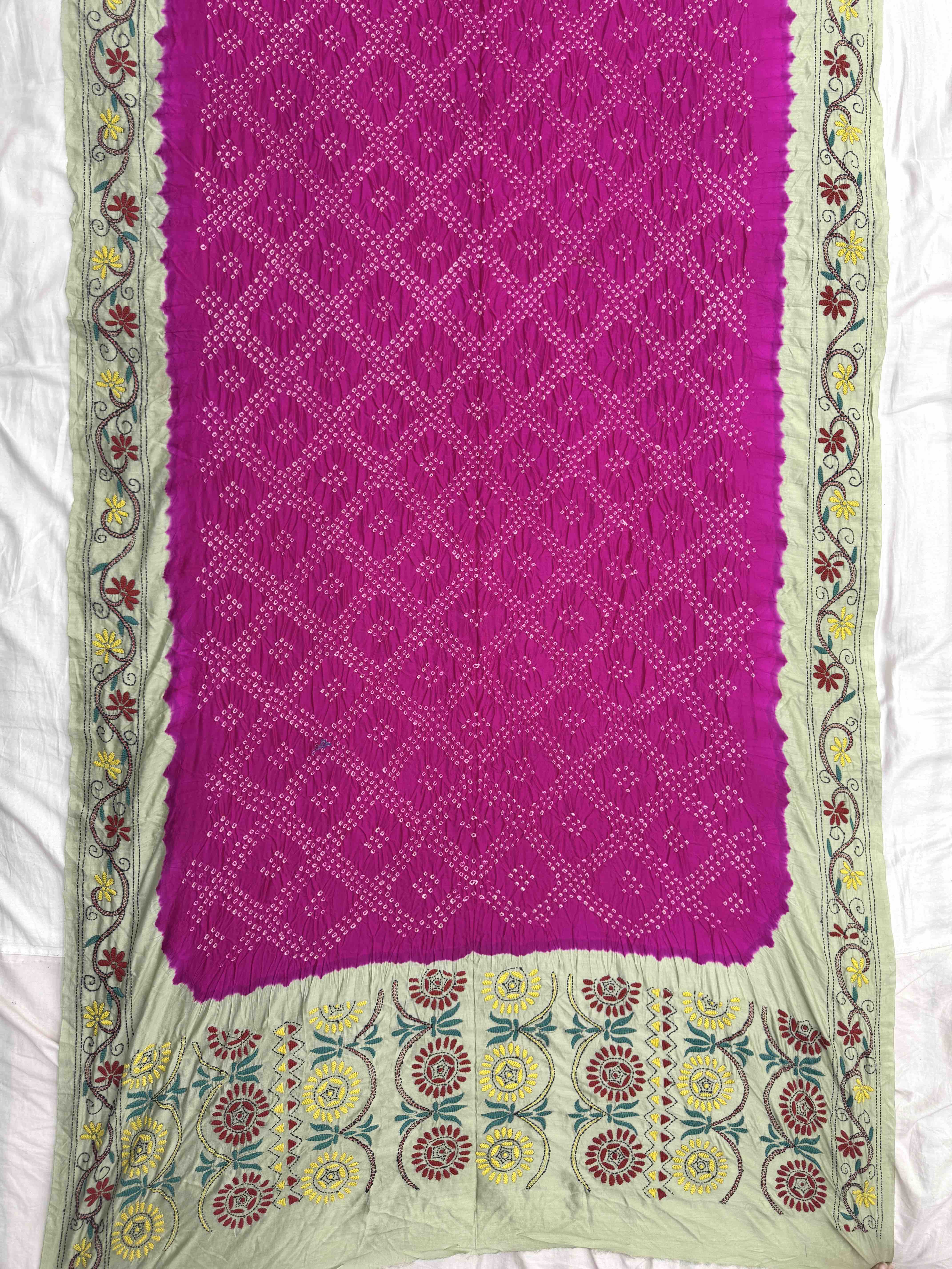 Pink & Off White Bandhej with Kantha Word Dress Material