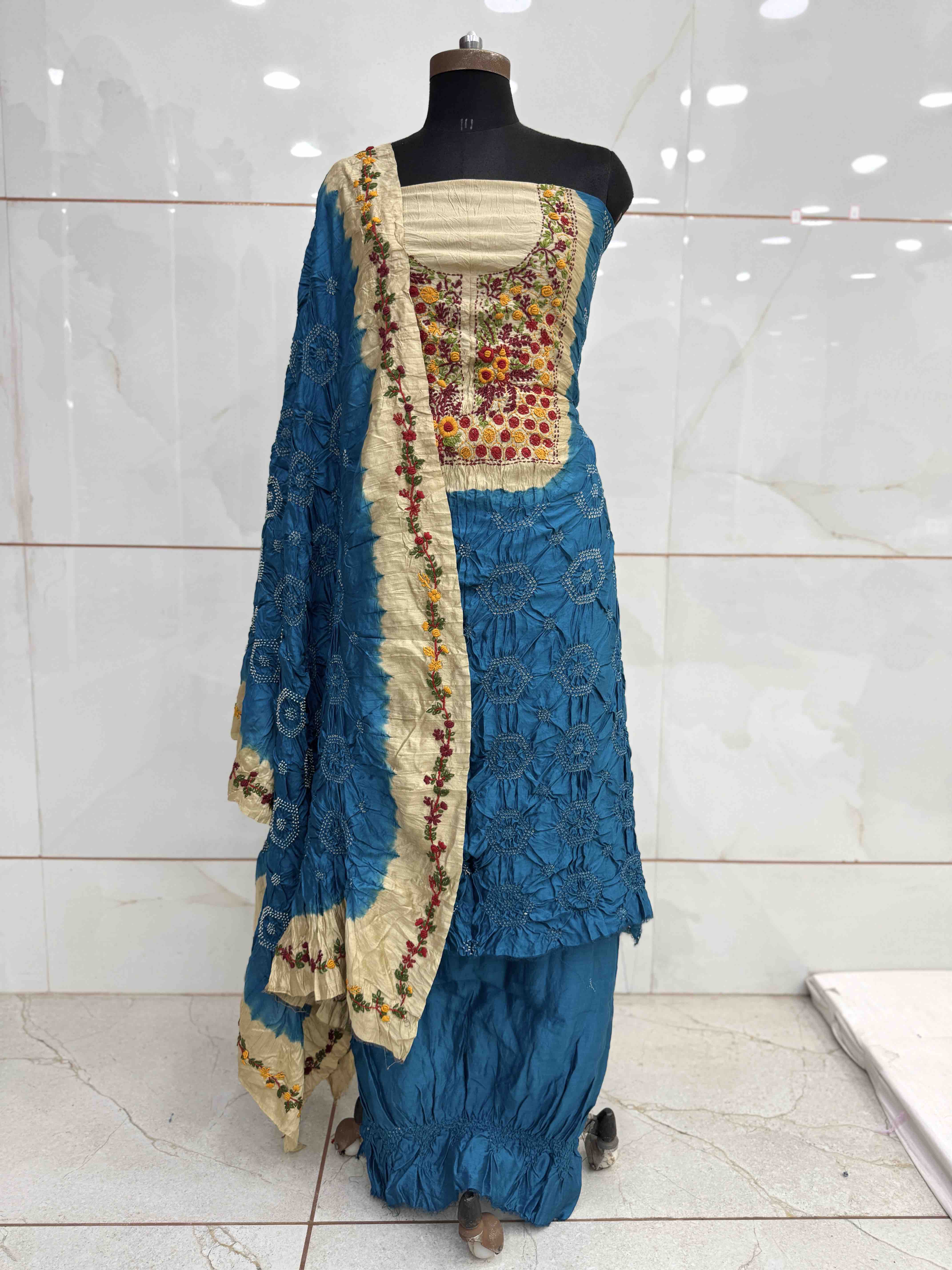 Sky Blue with Tessar Bandhej with Kantha Word Dress Material