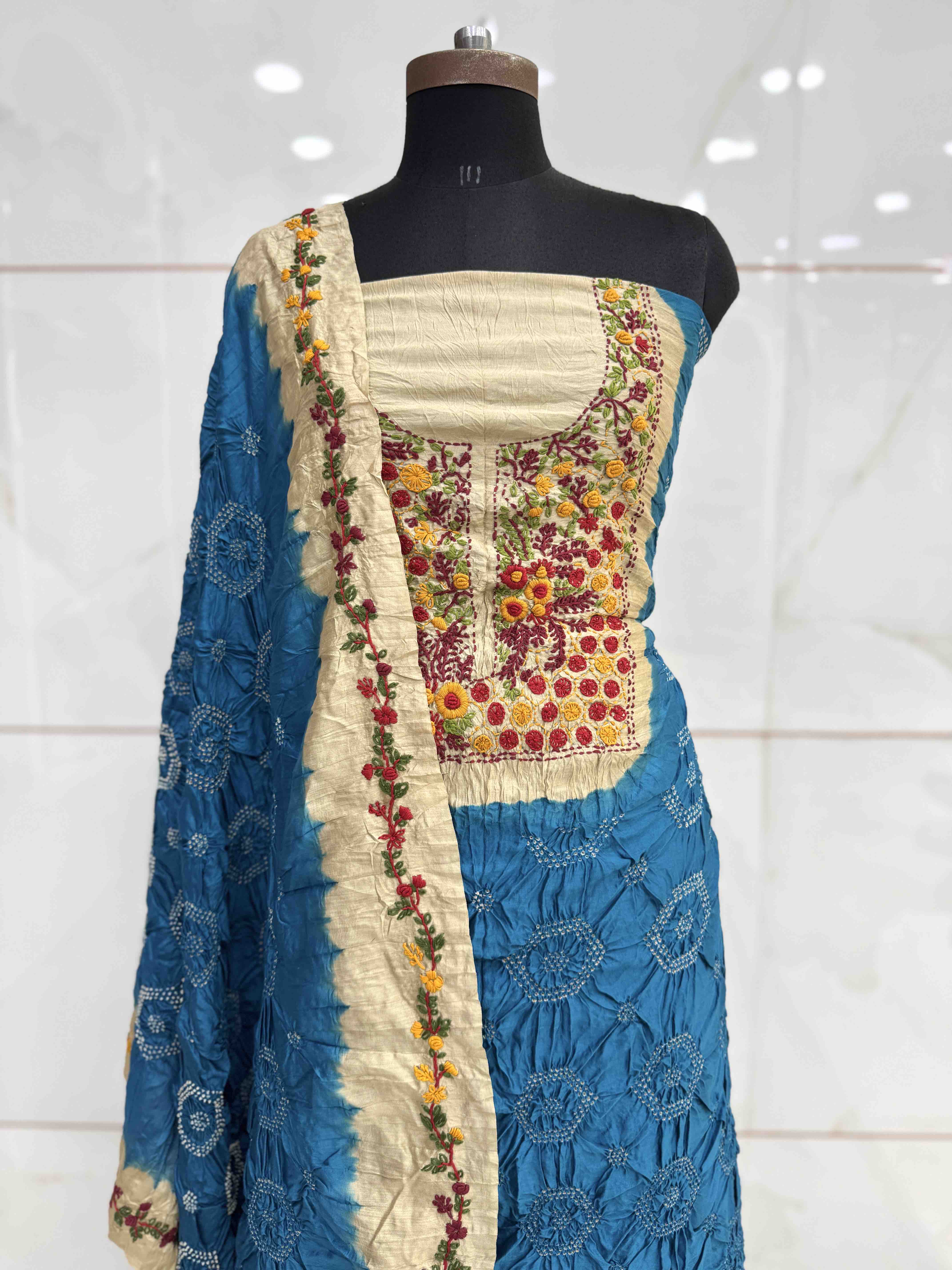 Sky Blue with Tessar Bandhej with Kantha Word Dress Material