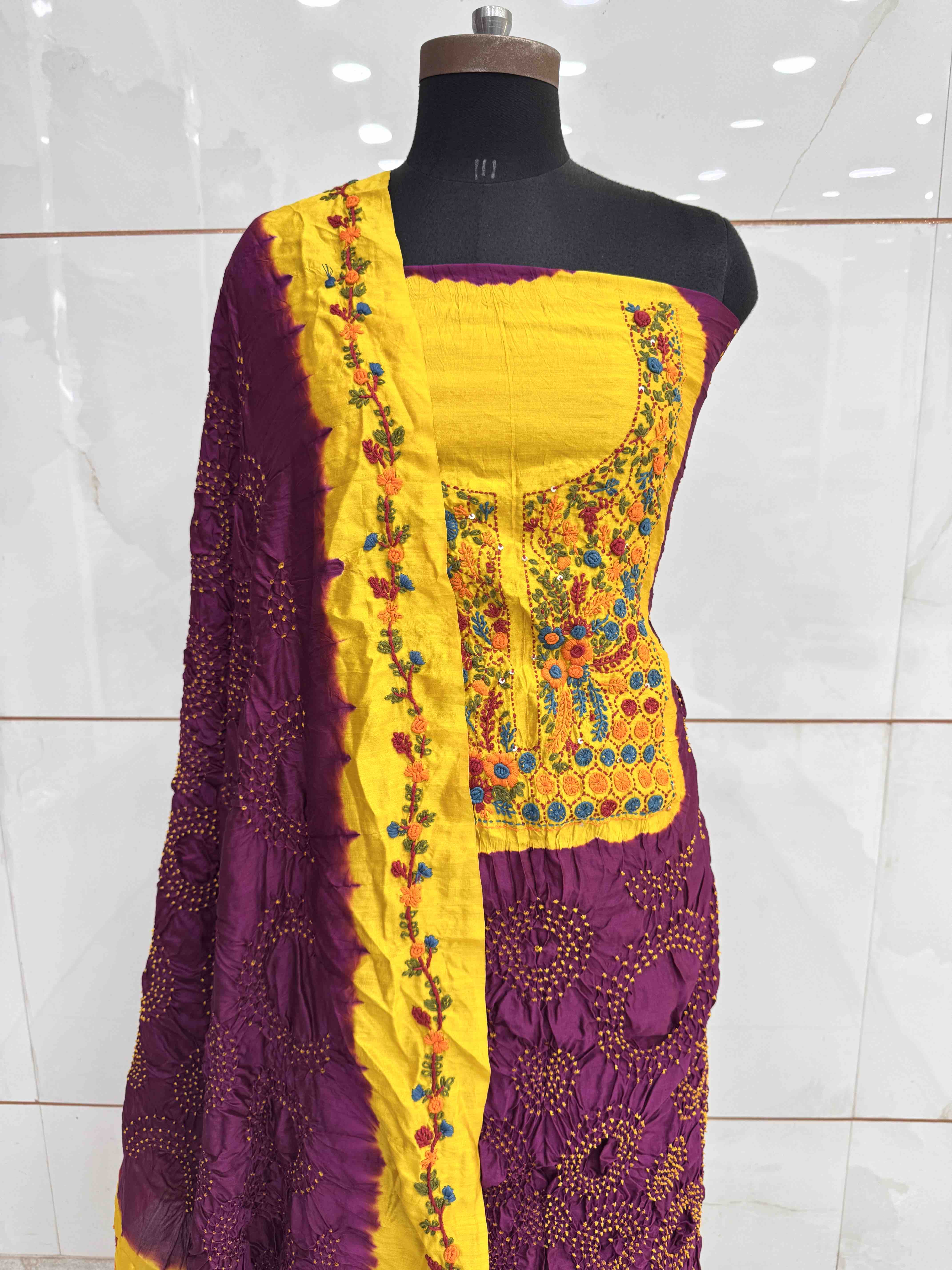 Purple & Yellow Bandhej with Kantha Word Dress Material