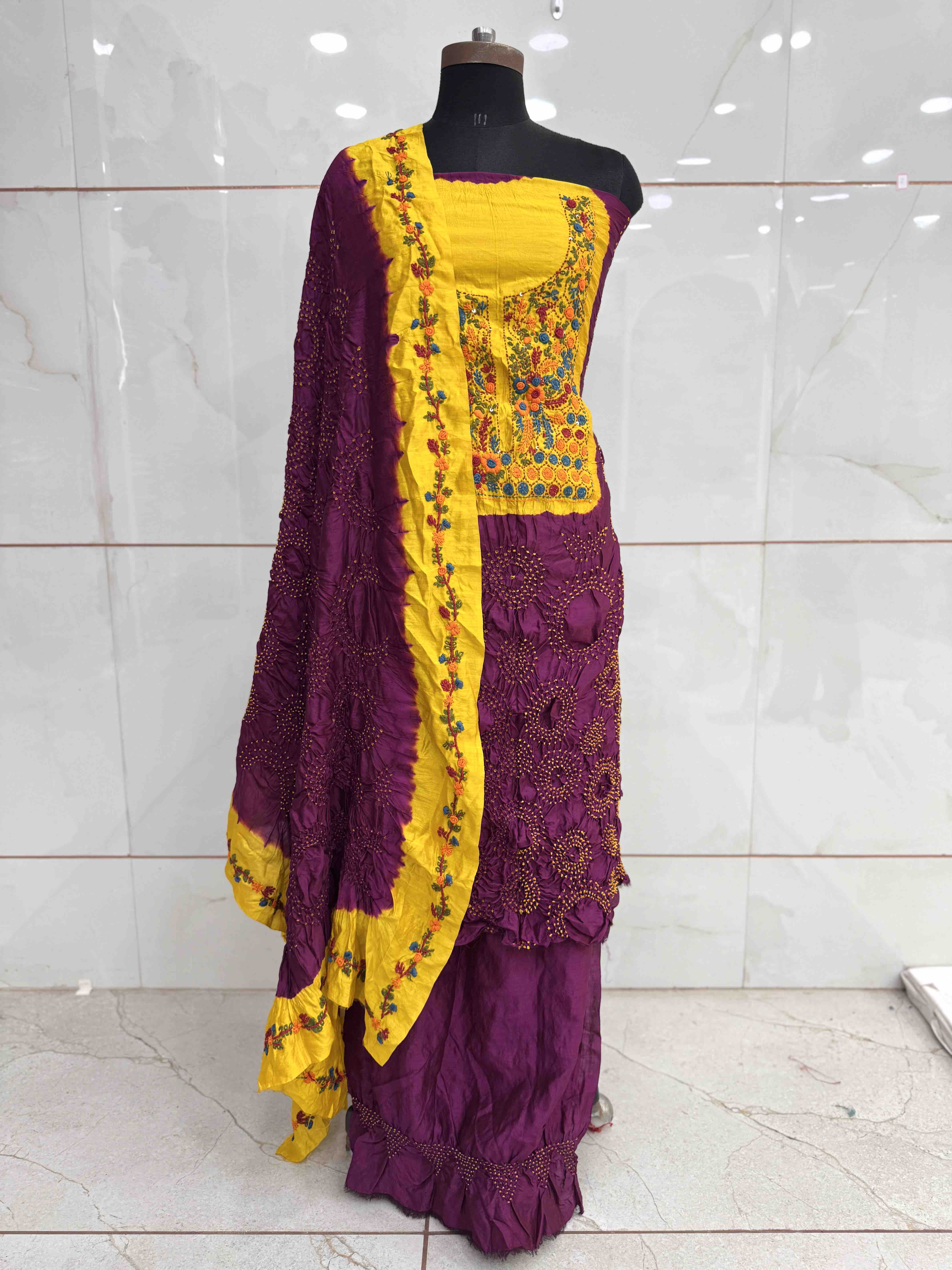 Purple & Yellow Bandhej with Kantha Word Dress Material