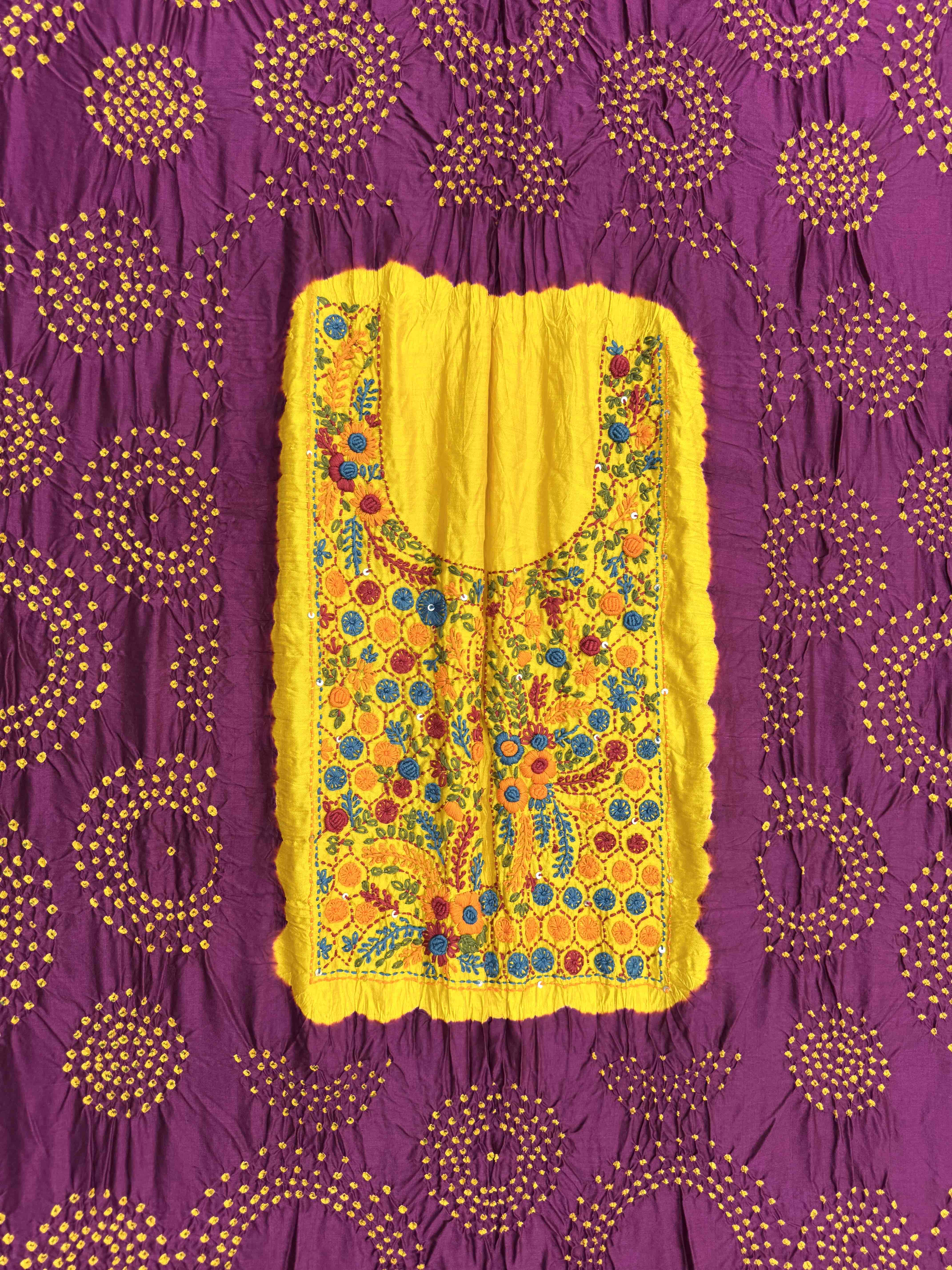 Purple & Yellow Bandhej with Kantha Word Dress Material