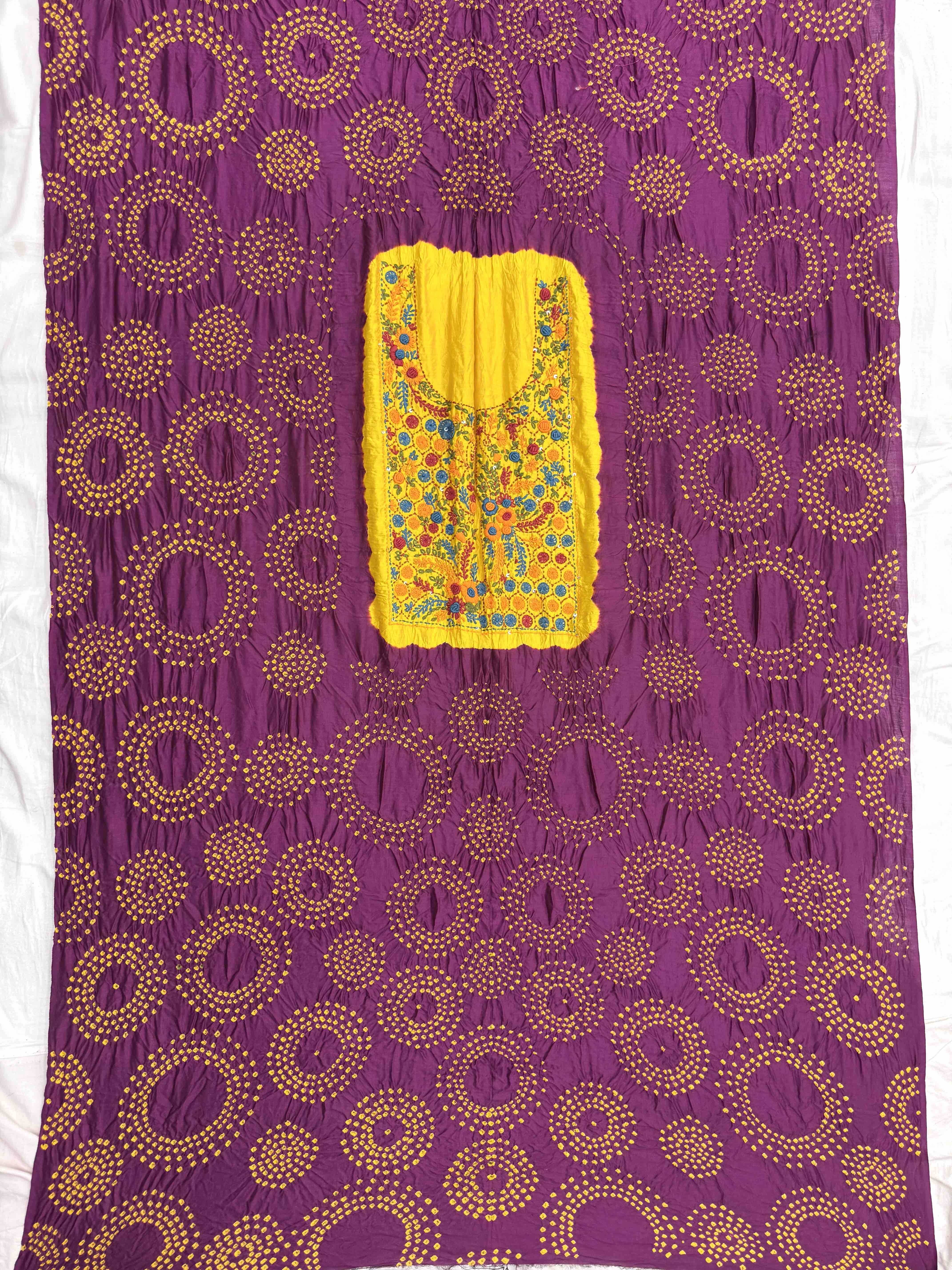 Purple & Yellow Bandhej with Kantha Word Dress Material
