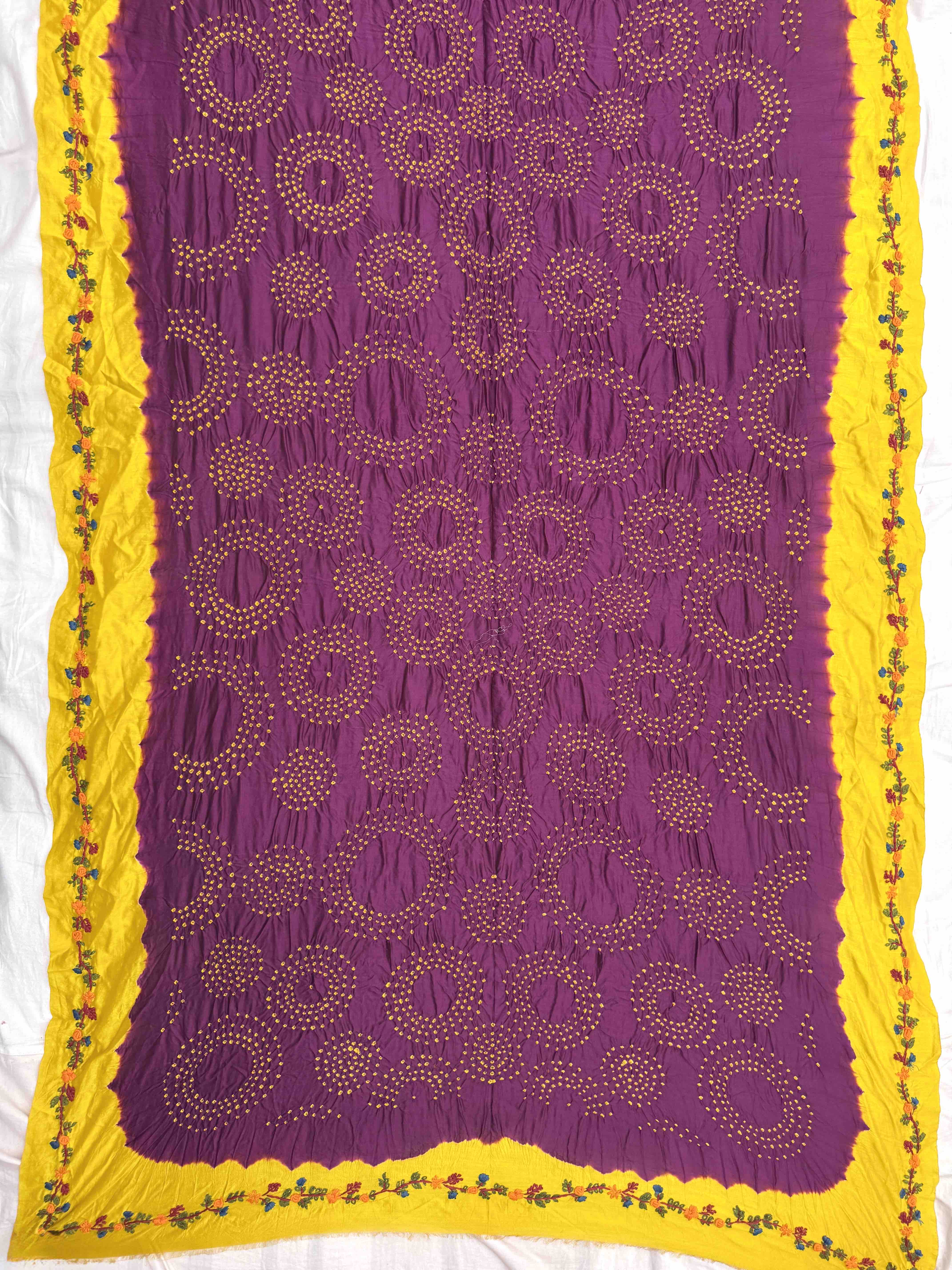 Purple & Yellow Bandhej with Kantha Word Dress Material