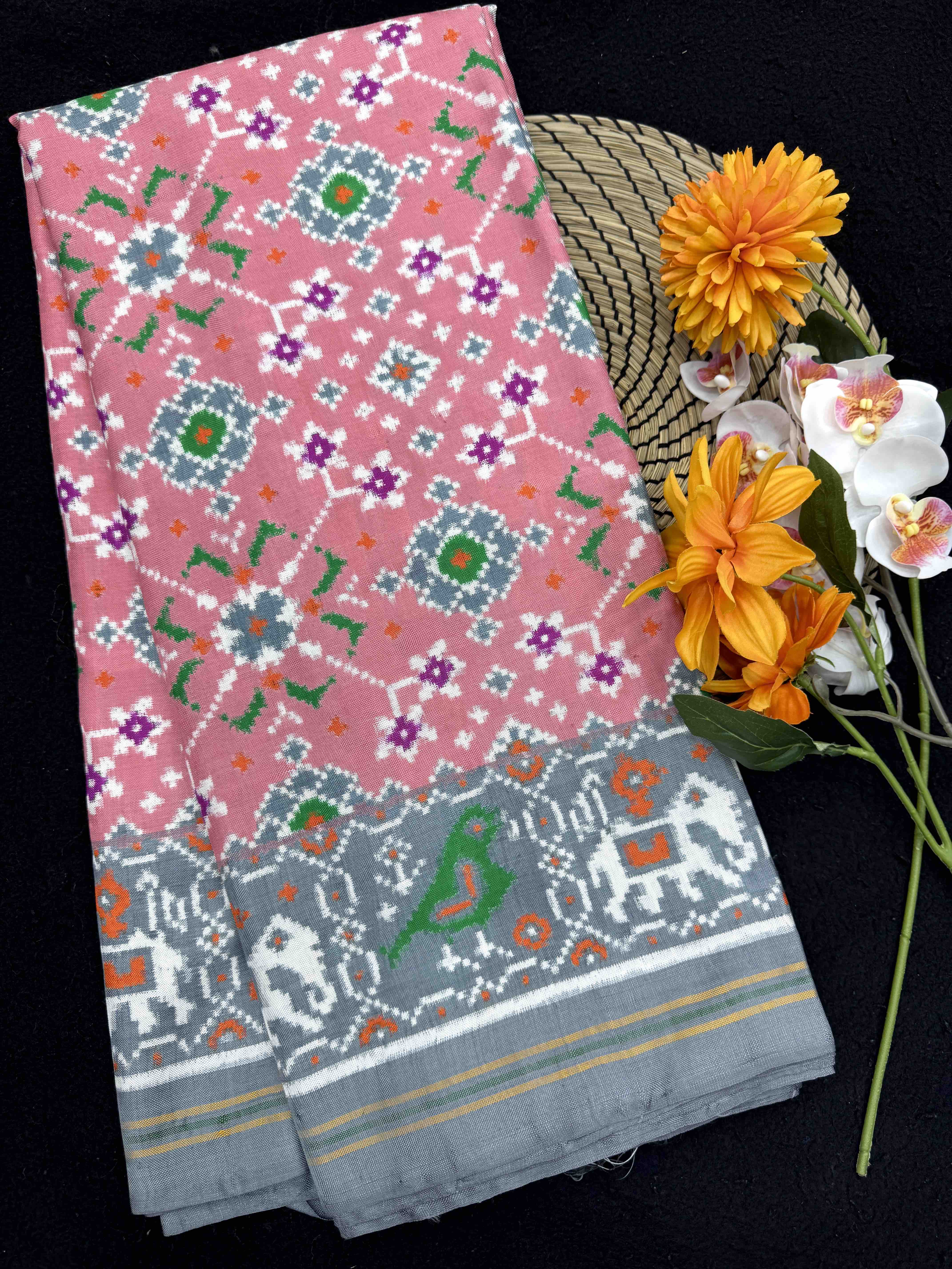 Grey & Light Pink Navratan Double Ikat Patan Patola Saree