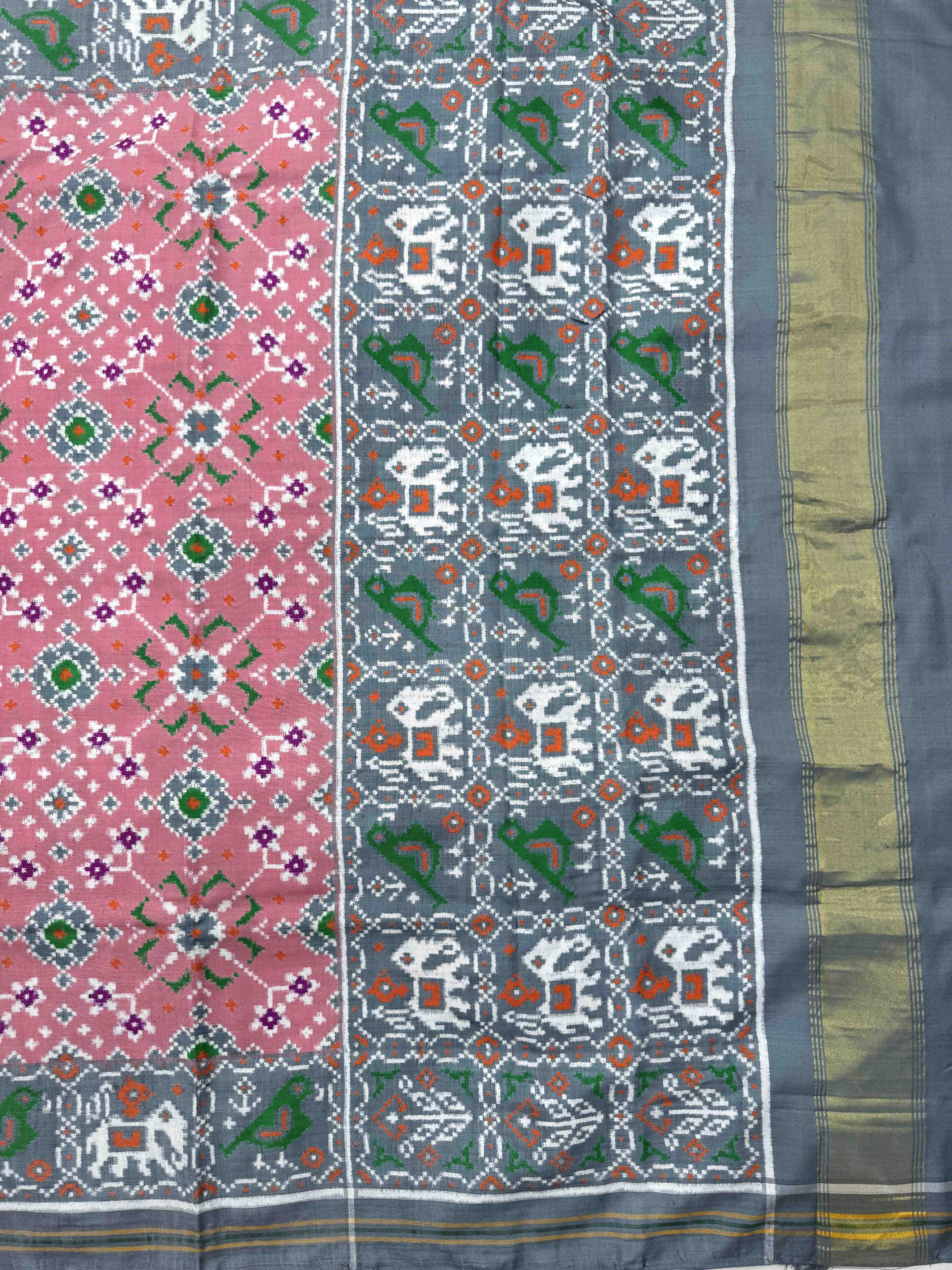 Grey & Light Pink Navratan Double Ikat Patan Patola Saree