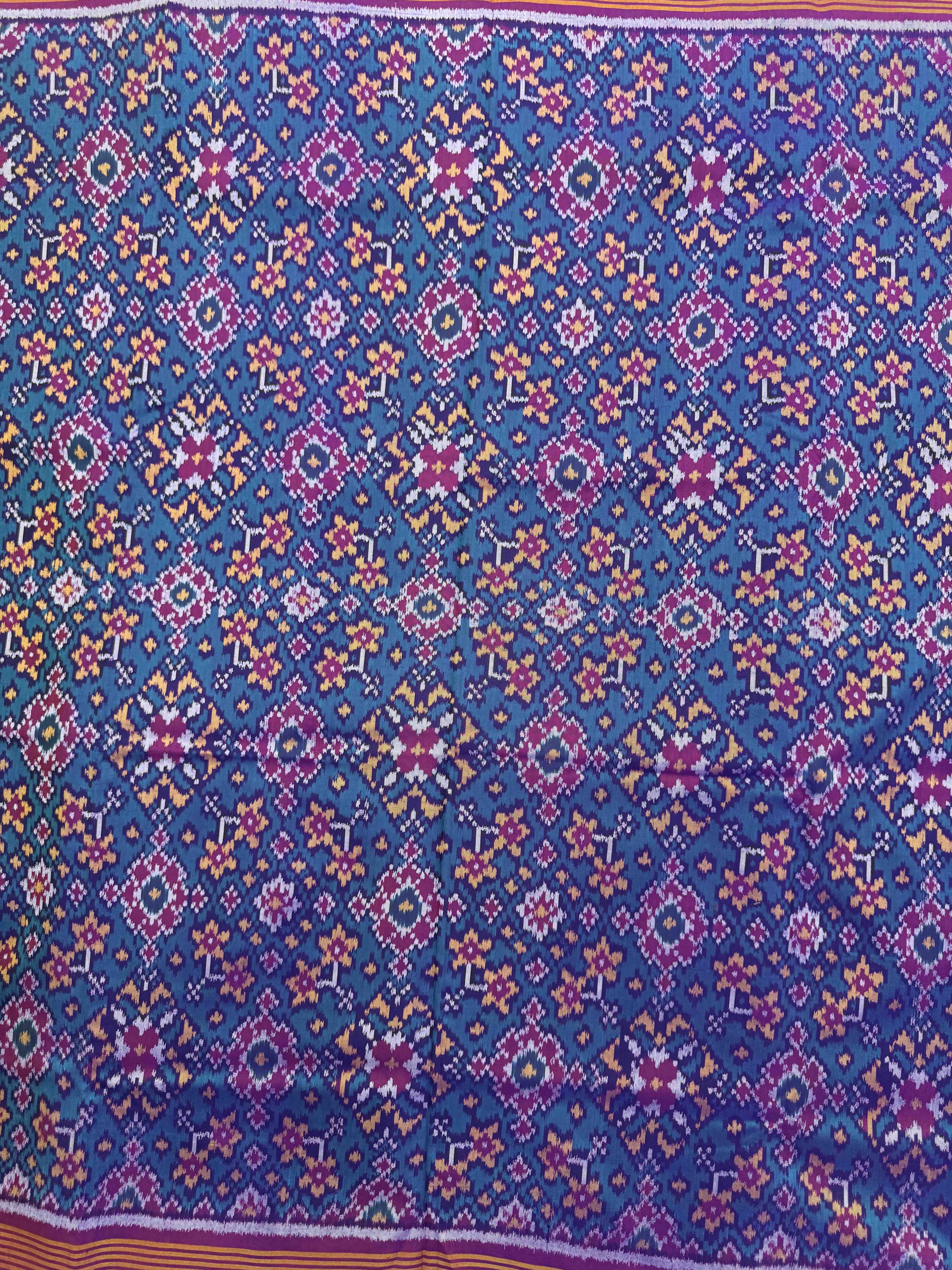 Purple & Turquoise Navratan Single Ikat Patola Silk Fabric