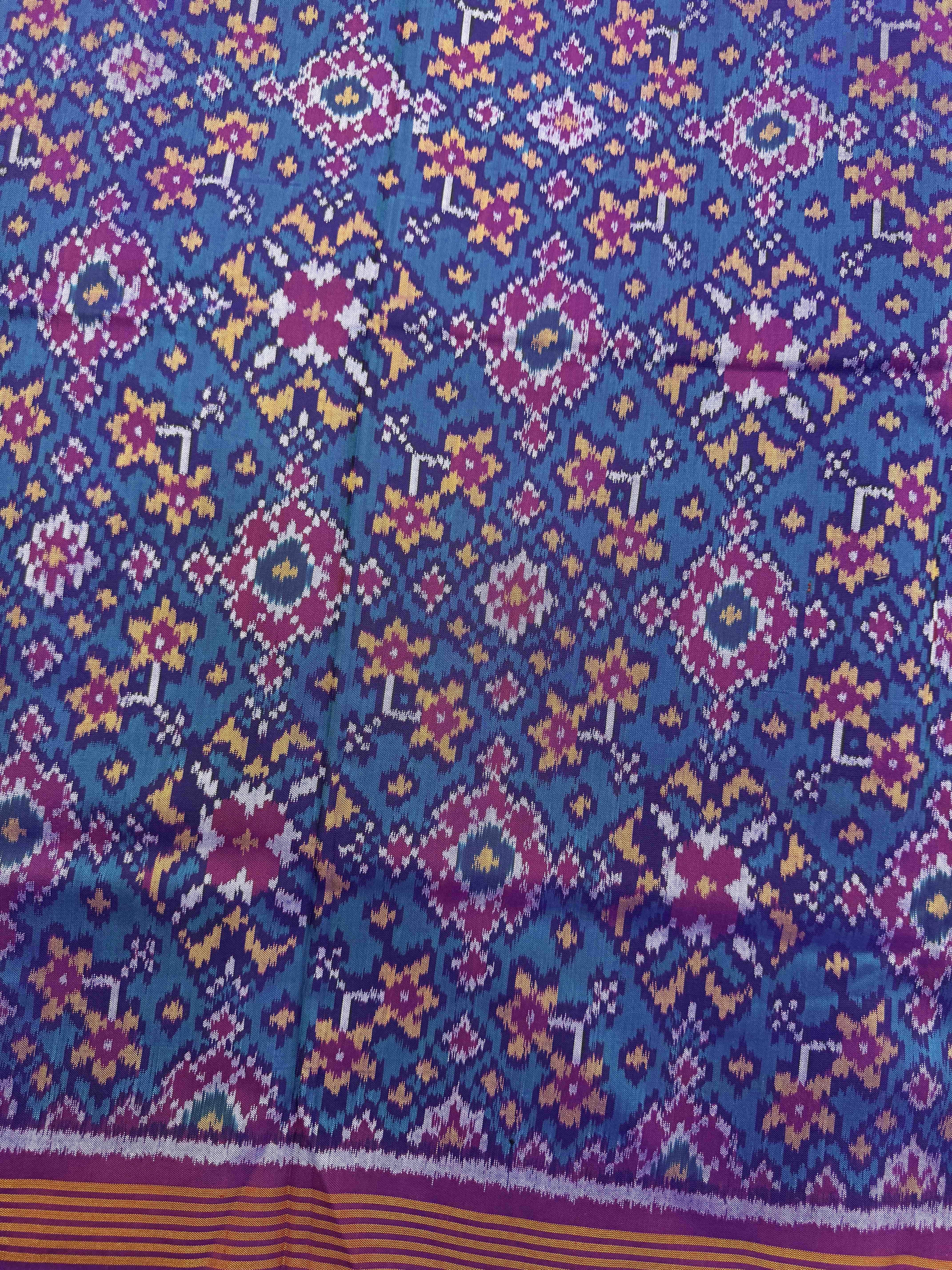 Purple & Turquoise Navratan Single Ikat Patola Silk Fabric