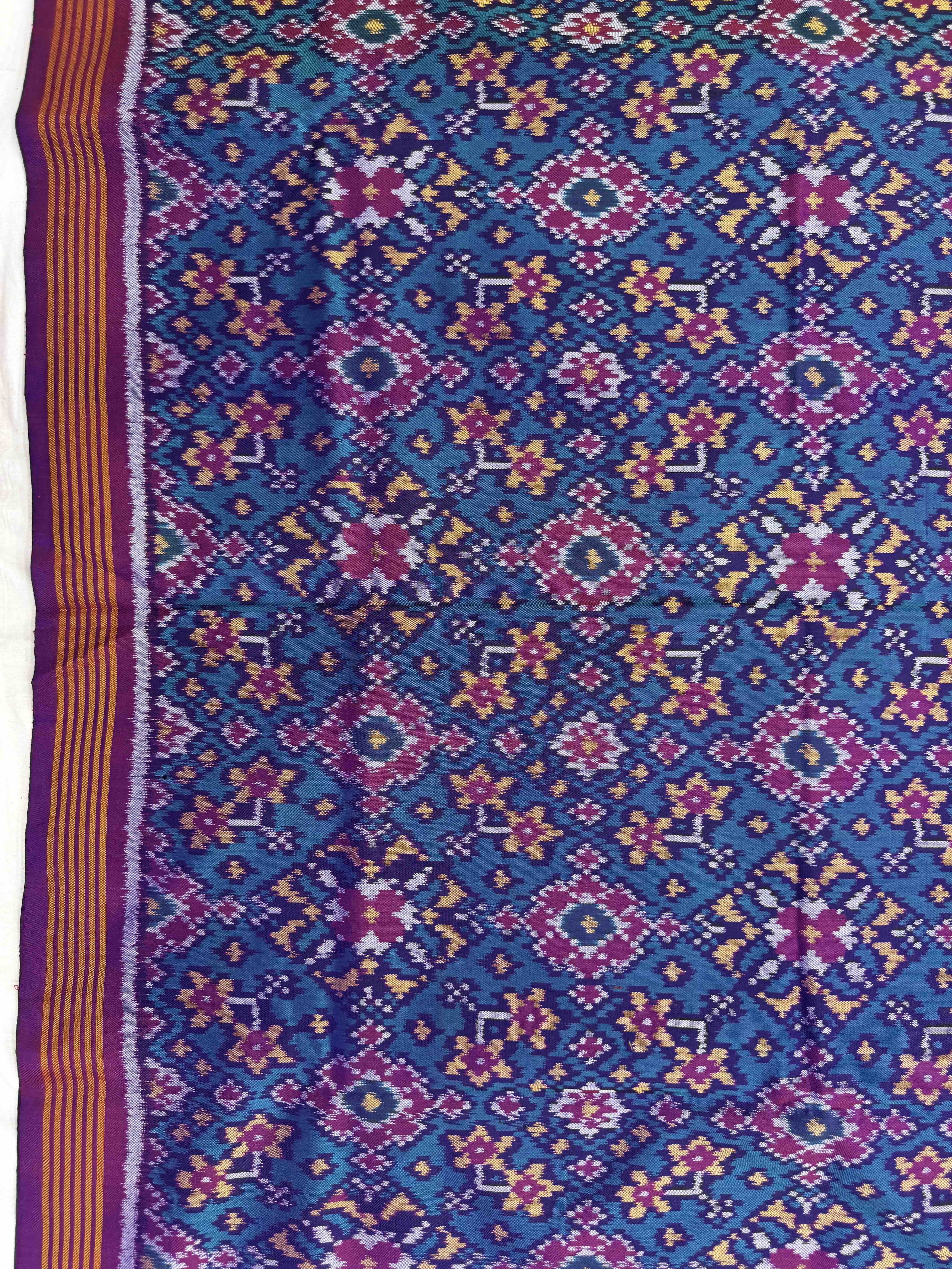 Purple & Turquoise Navratan Single Ikat Patola Silk Fabric