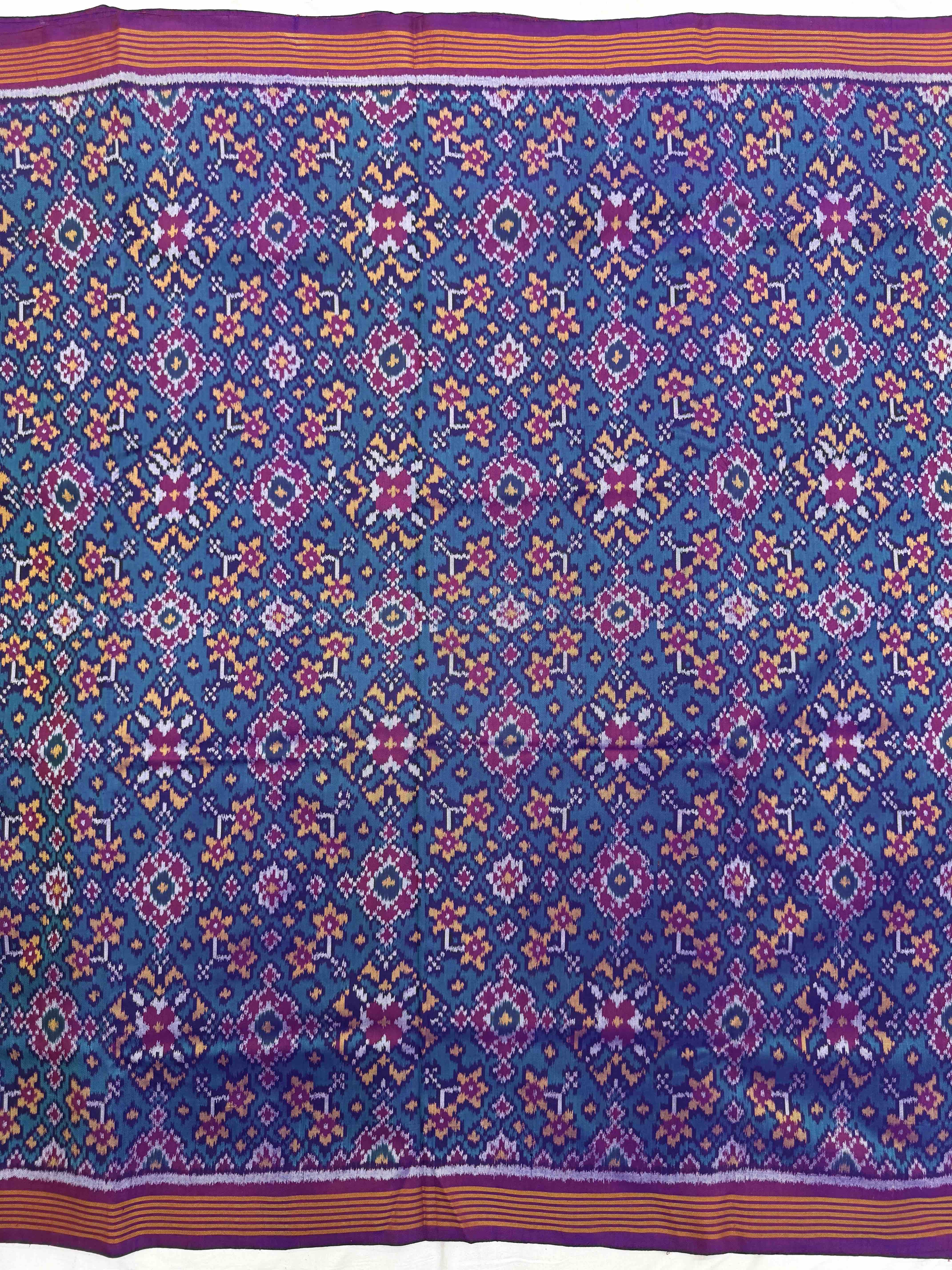 Purple & Turquoise Navratan Single Ikat Patola Silk Fabric
