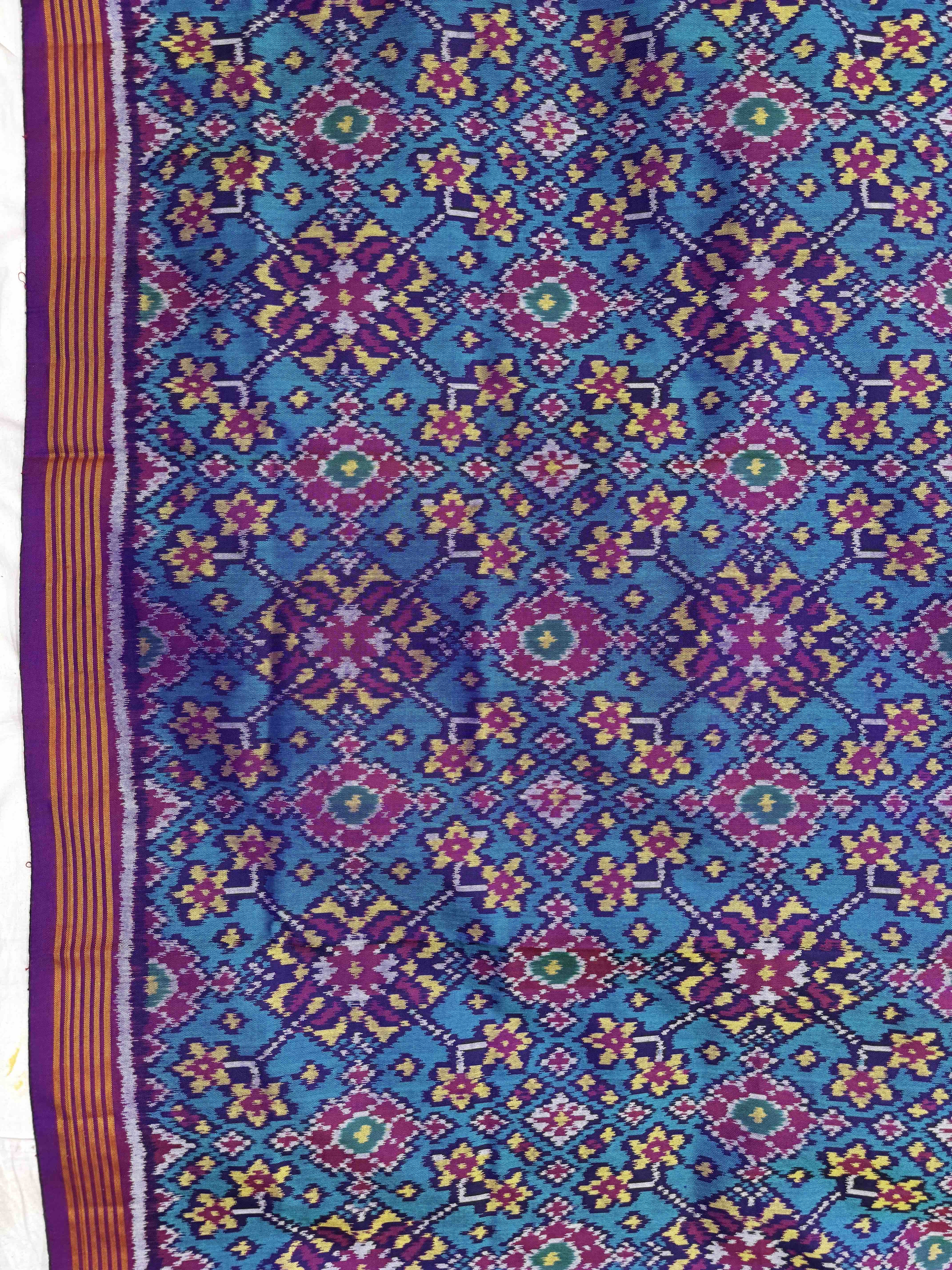 Purple & Turquoise Navratan Single Ikat Patola Silk Fabric