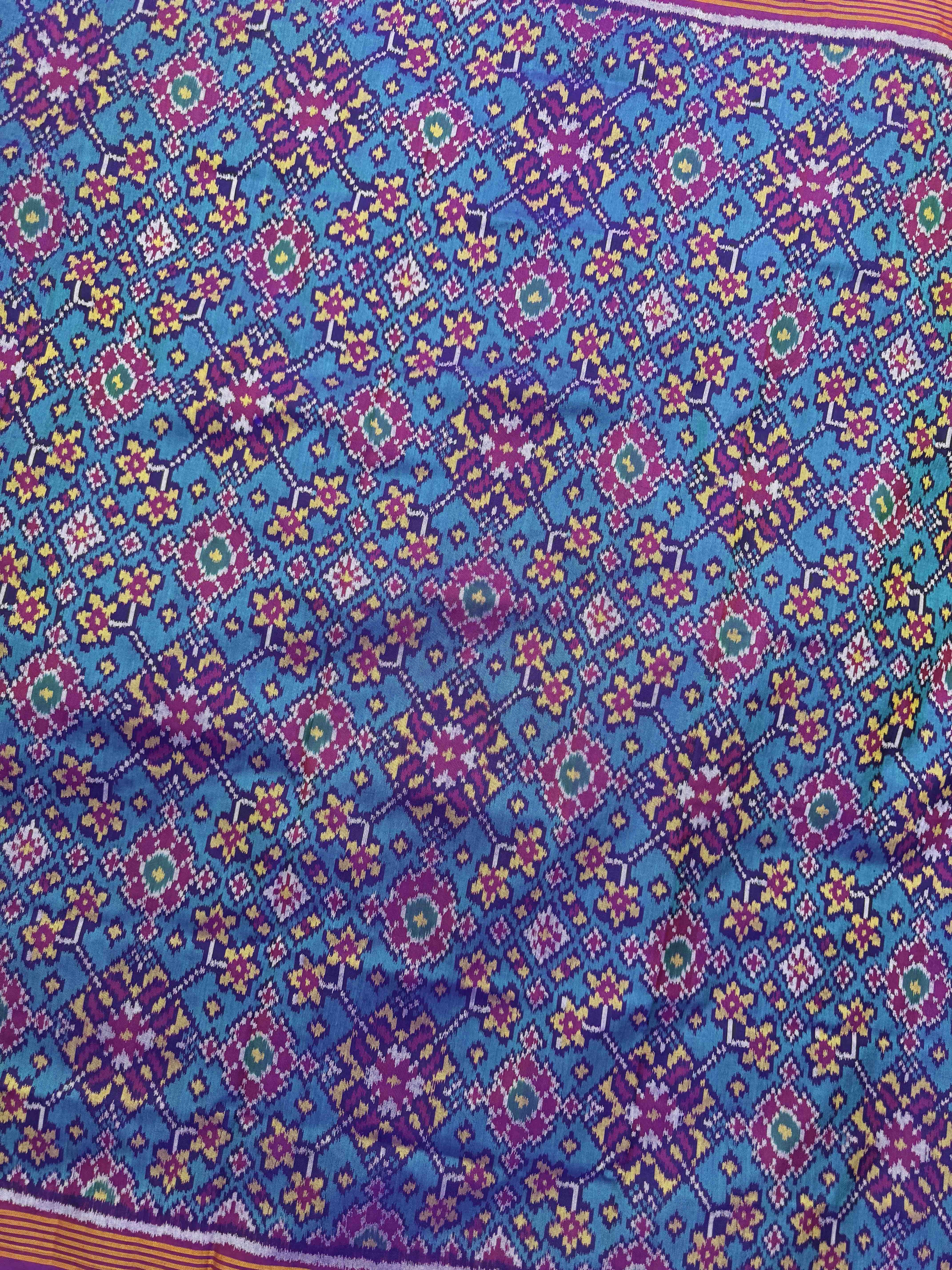 Purple & Turquoise Navratan Single Ikat Patola Silk Fabric