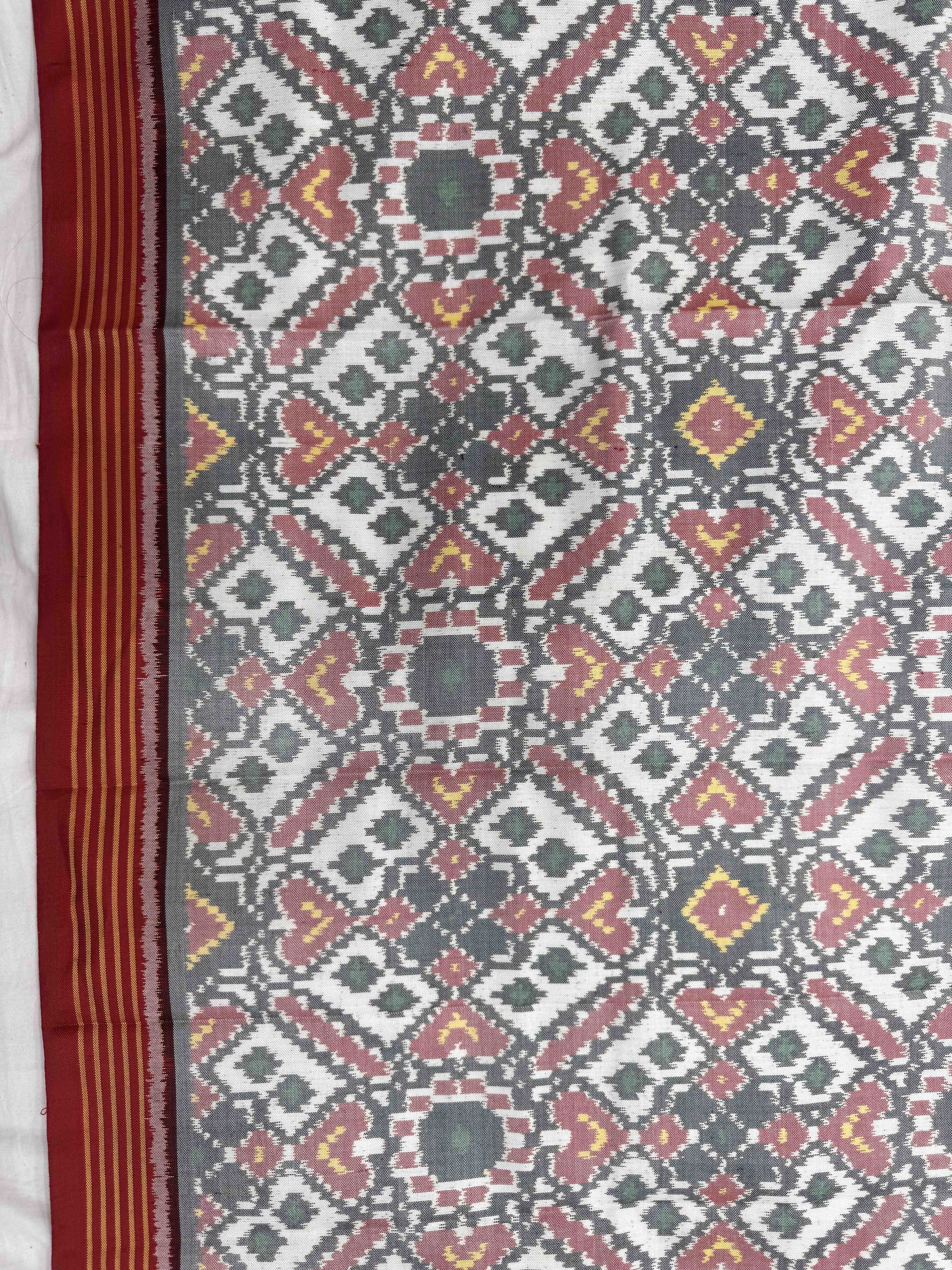 Red & White Manekchowk Semi Double Ikat Patola Blouse Piece