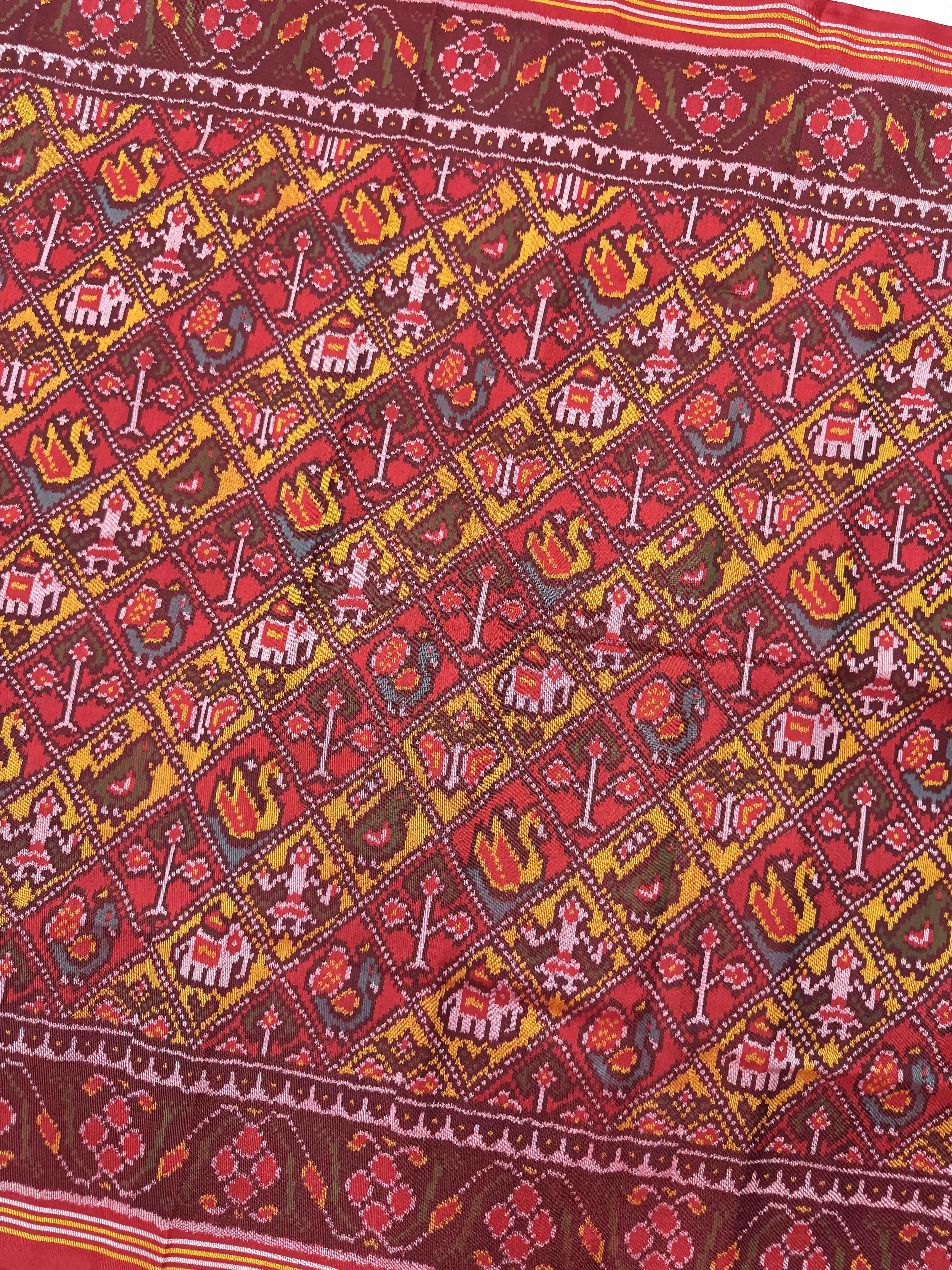 Red & Yellow Small Narikunj Leheriya Single Ikat Patan Patola Saree
