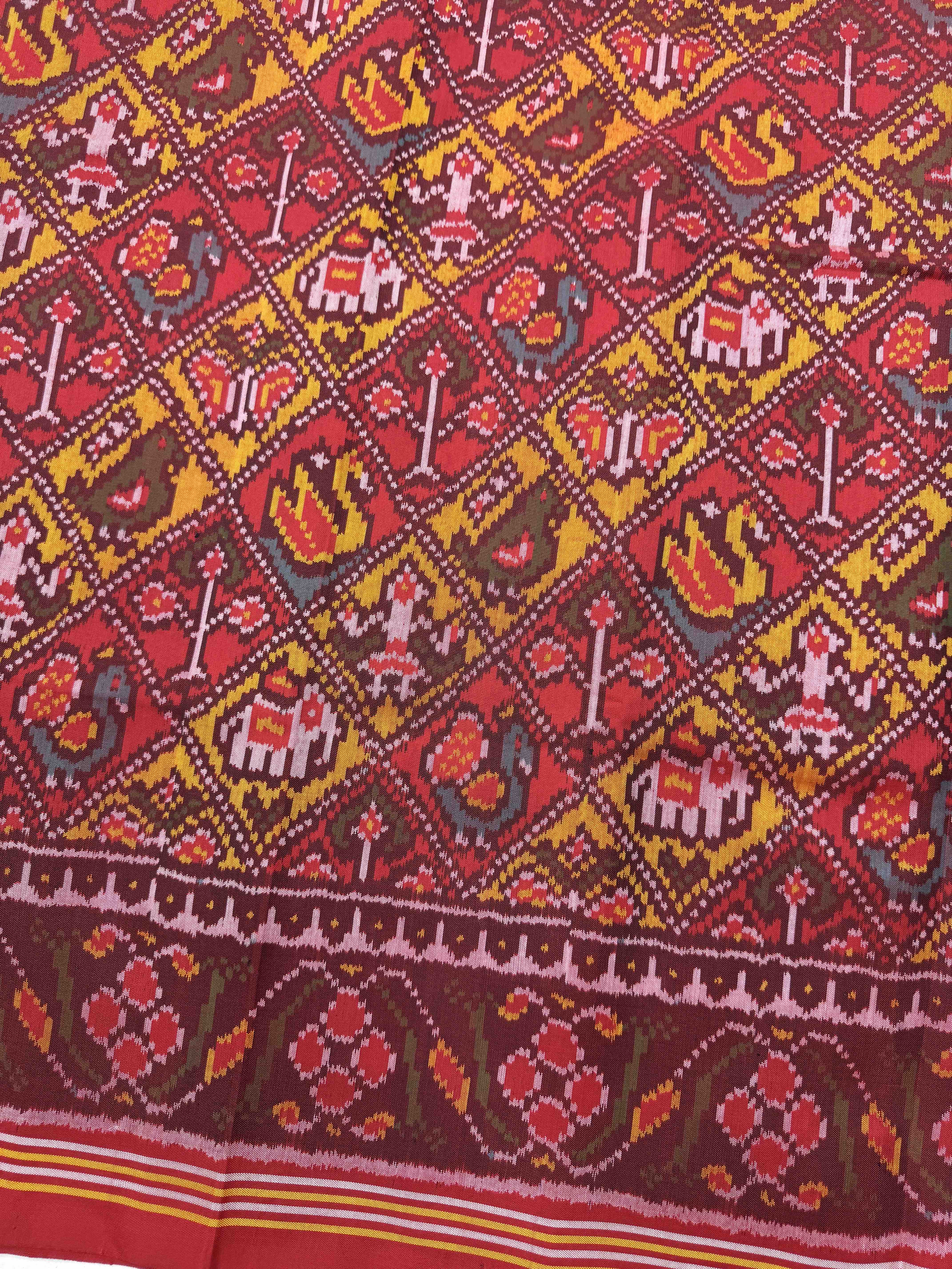 Red & Yellow Small Narikunj Leheriya Single Ikat Patan Patola Saree
