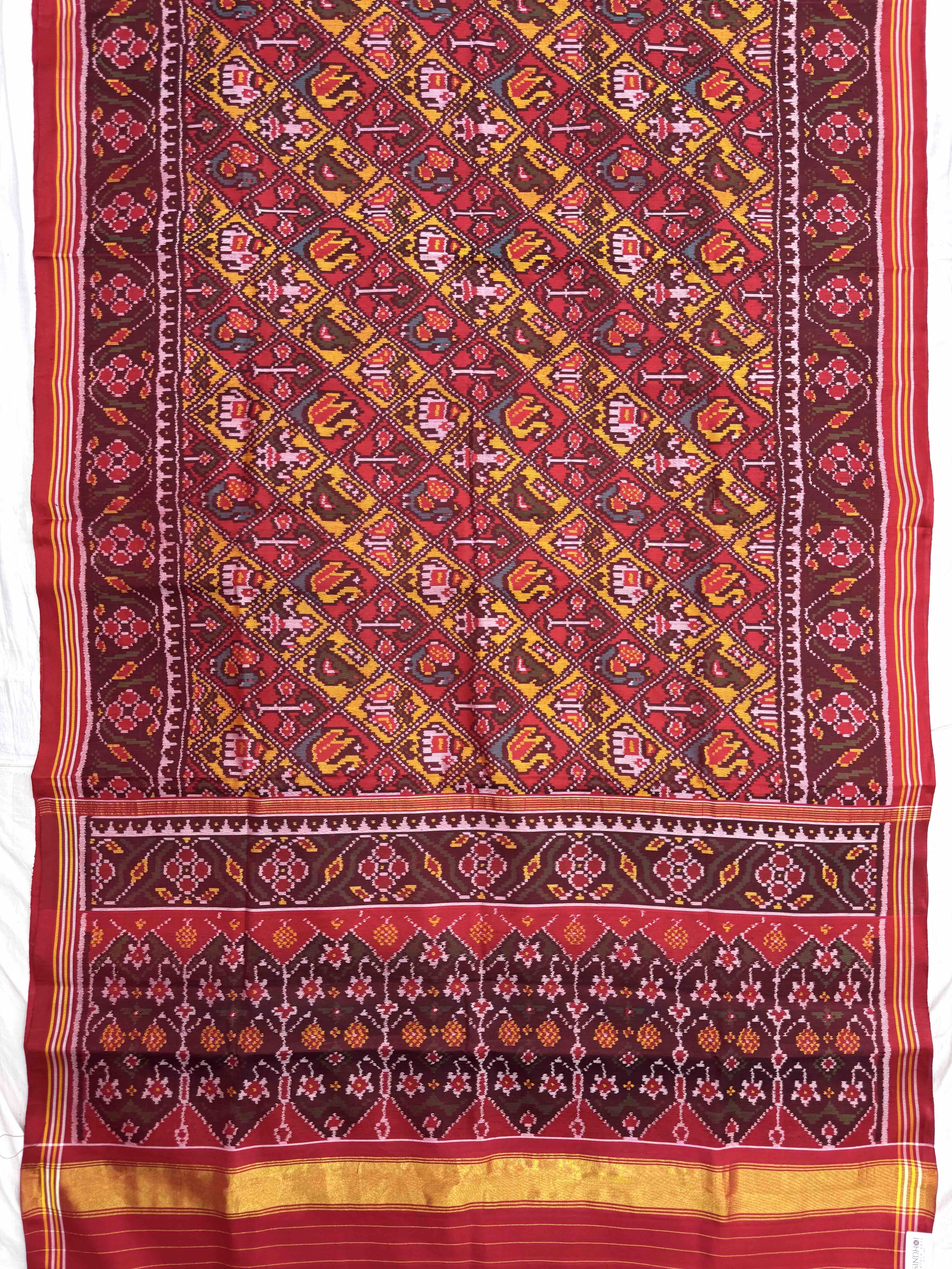 Red & Yellow Small Narikunj Leheriya Single Ikat Patan Patola Saree
