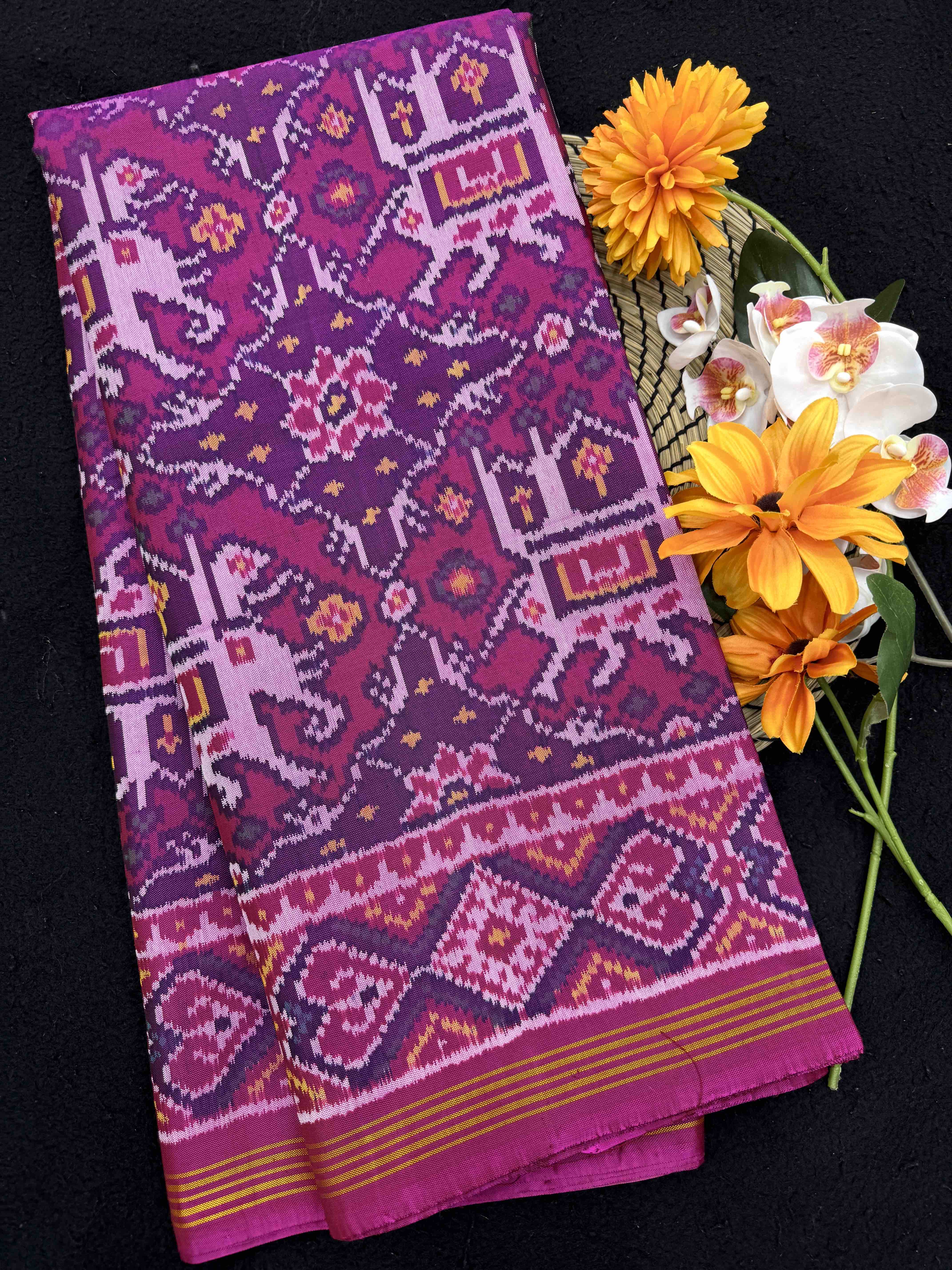 Purple & Pink Elephant Chhabdi Single Ikat Patan Patola Saree